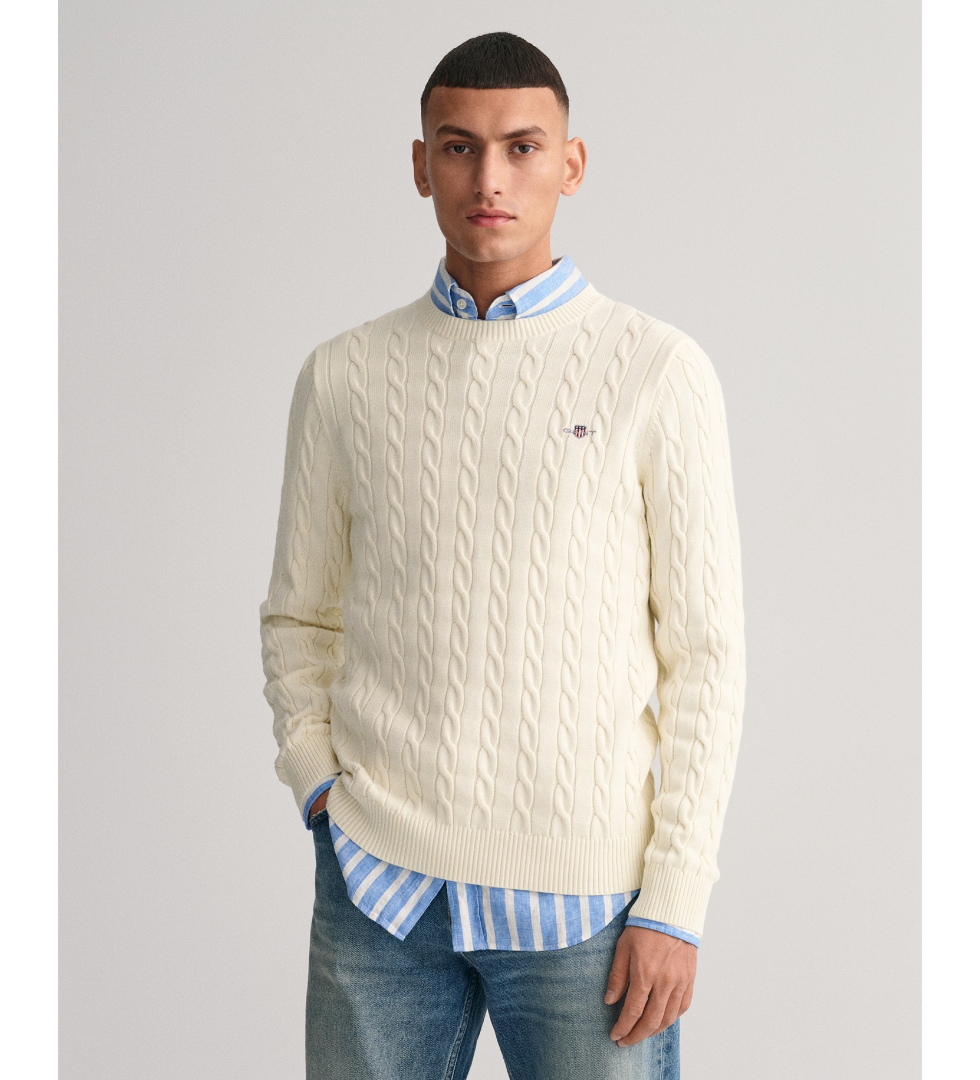 Gant für Herren. 8050601 Pullover mit Rundhalsausschnitt aus Baumwolljersey und Achterstrick (L), Lässig, Baumwolle, Langarm