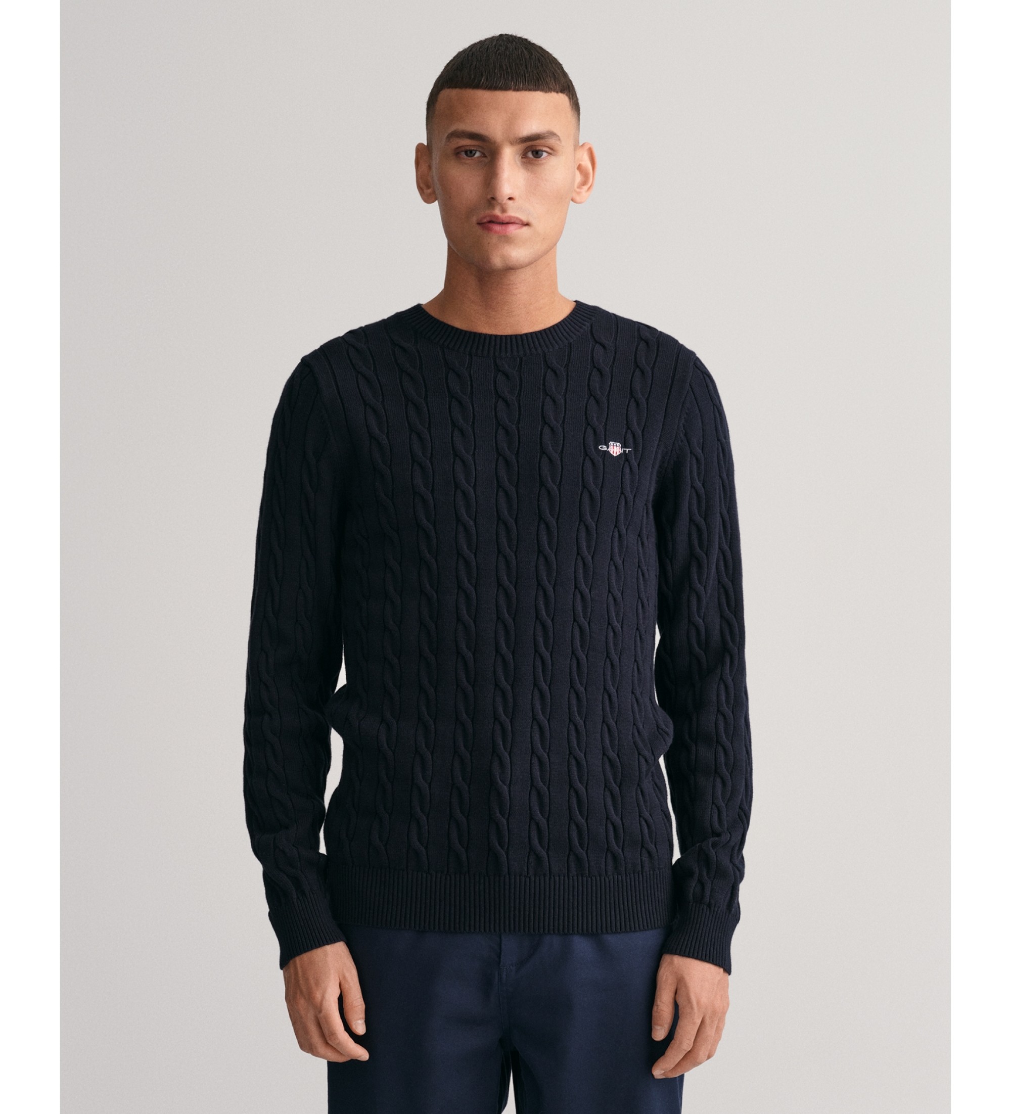 Gant für Herren. 8050601 Marineblauer Pullover mit geripptem Rundhalsausschnitt (M), Lässig, Baumwolle, Langarm