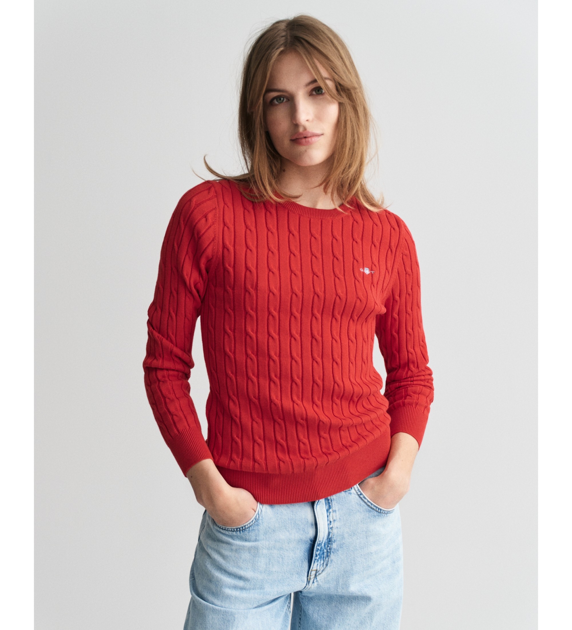 Gant für Damen. 4800100 Pullover mit Rundhalsausschnitt aus rotem Baumwoll-Rippstrick mit ecrufarbenen Rippenbündchen (S), Lässig, Baumwolle