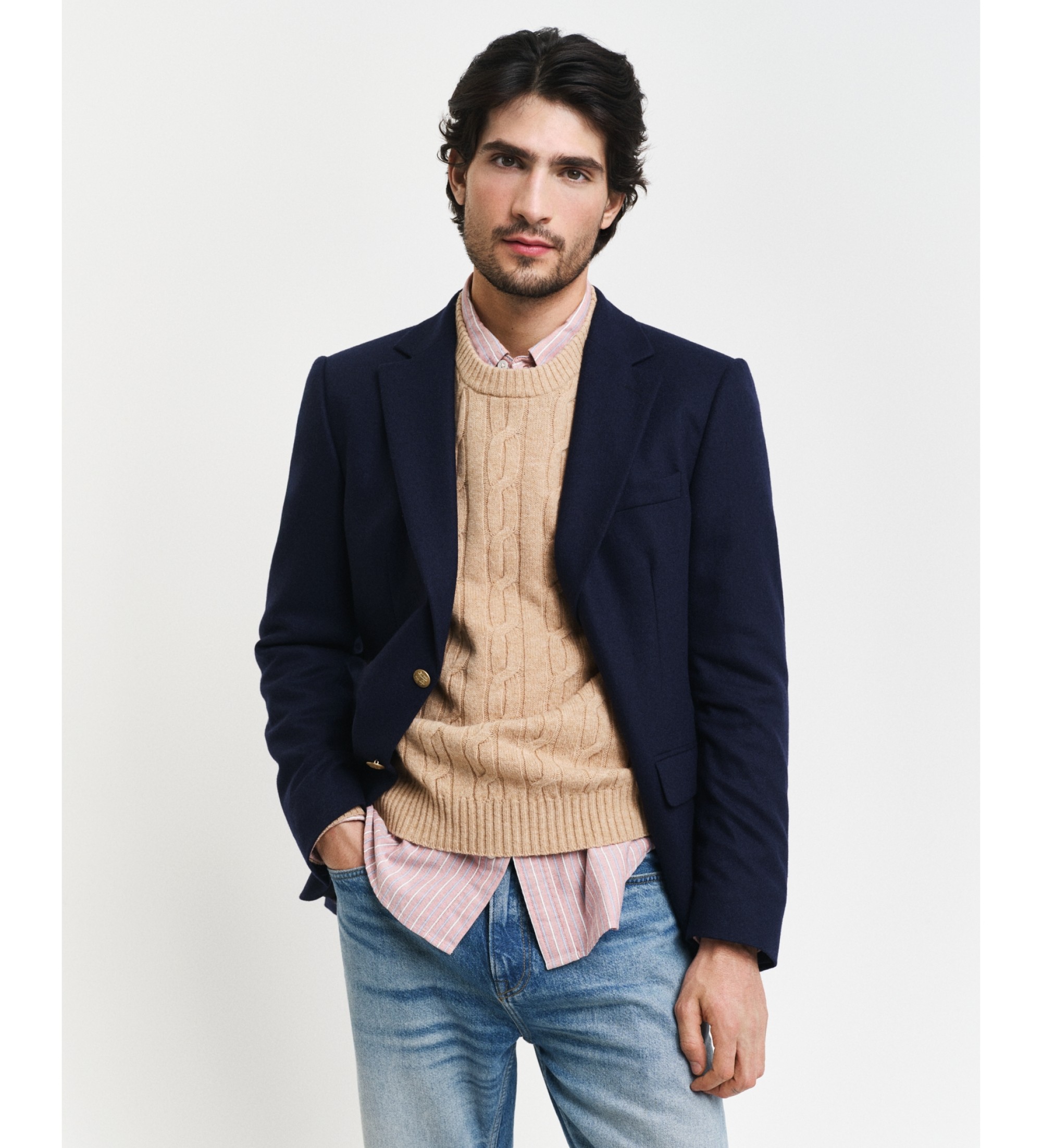 Gant für Herren. 8050213 Pullover mit Rundhalsausschnitt aus brauner Schafwolle, gestrickt mit Achten (M), Lässig