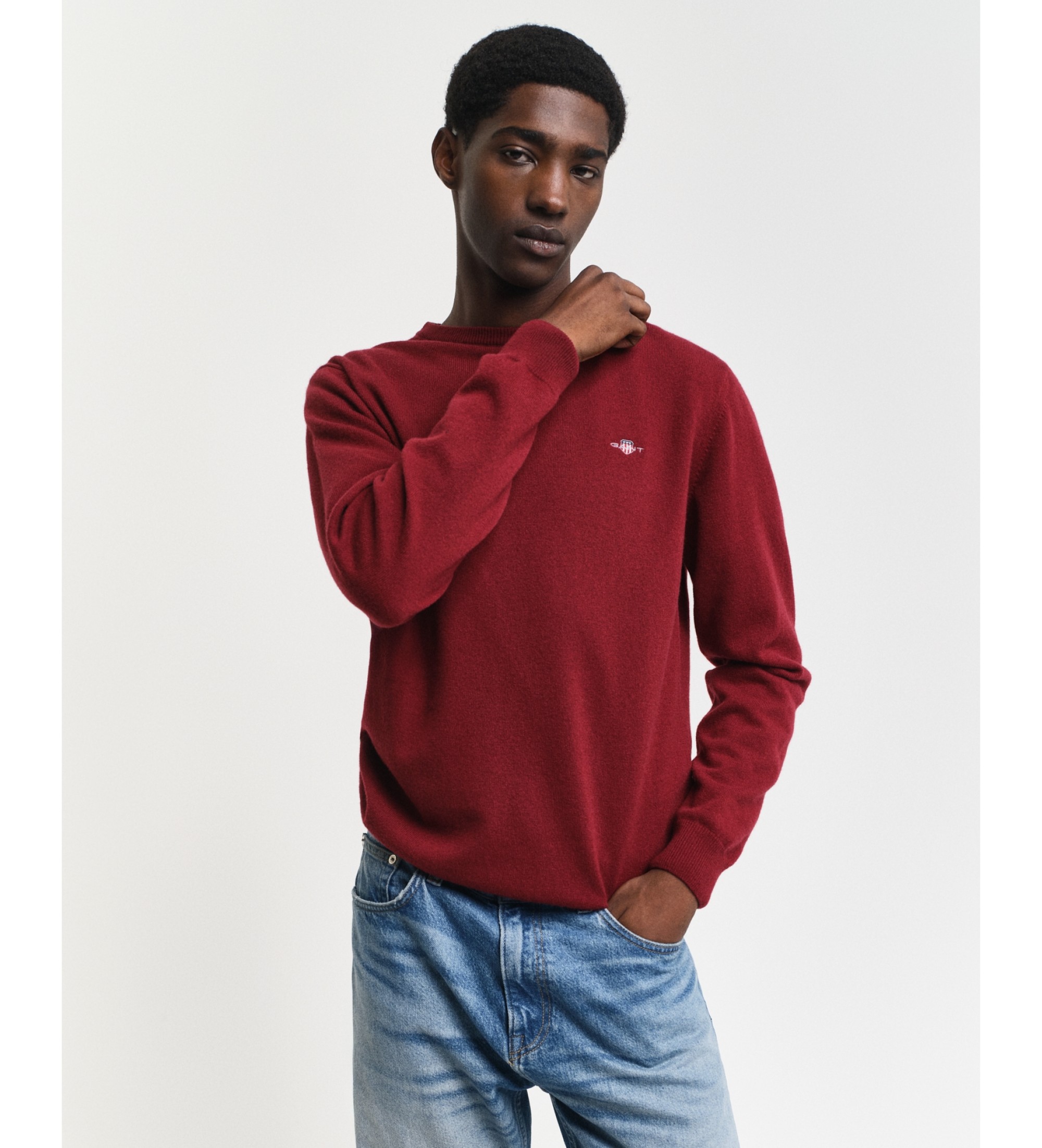 Gant für Herren. 87211 Sehr feiner Pullover aus Schafwolle mit burgunderrotem Rundkragen (S), Lässig, Bordeaux