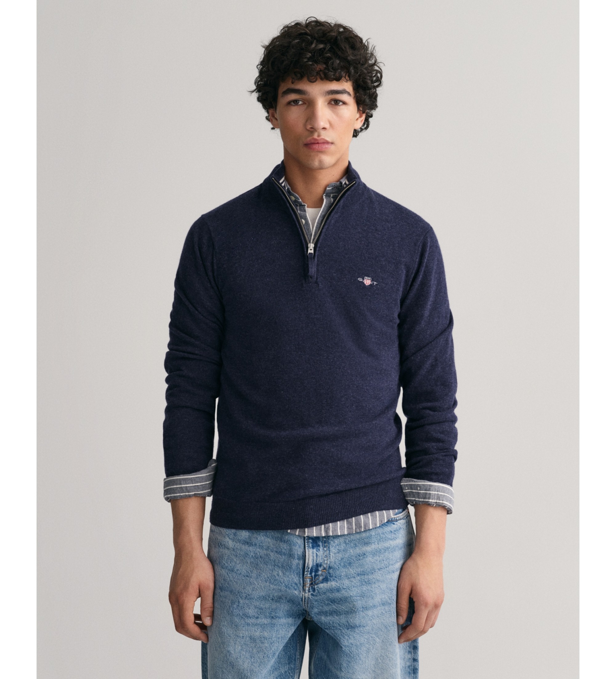 Gant für Herren. 87213 Sehr feiner Pullover aus Schafwolle mit marinefarbenem Halbreißverschluss (3XL), Lässig, Baumwolle