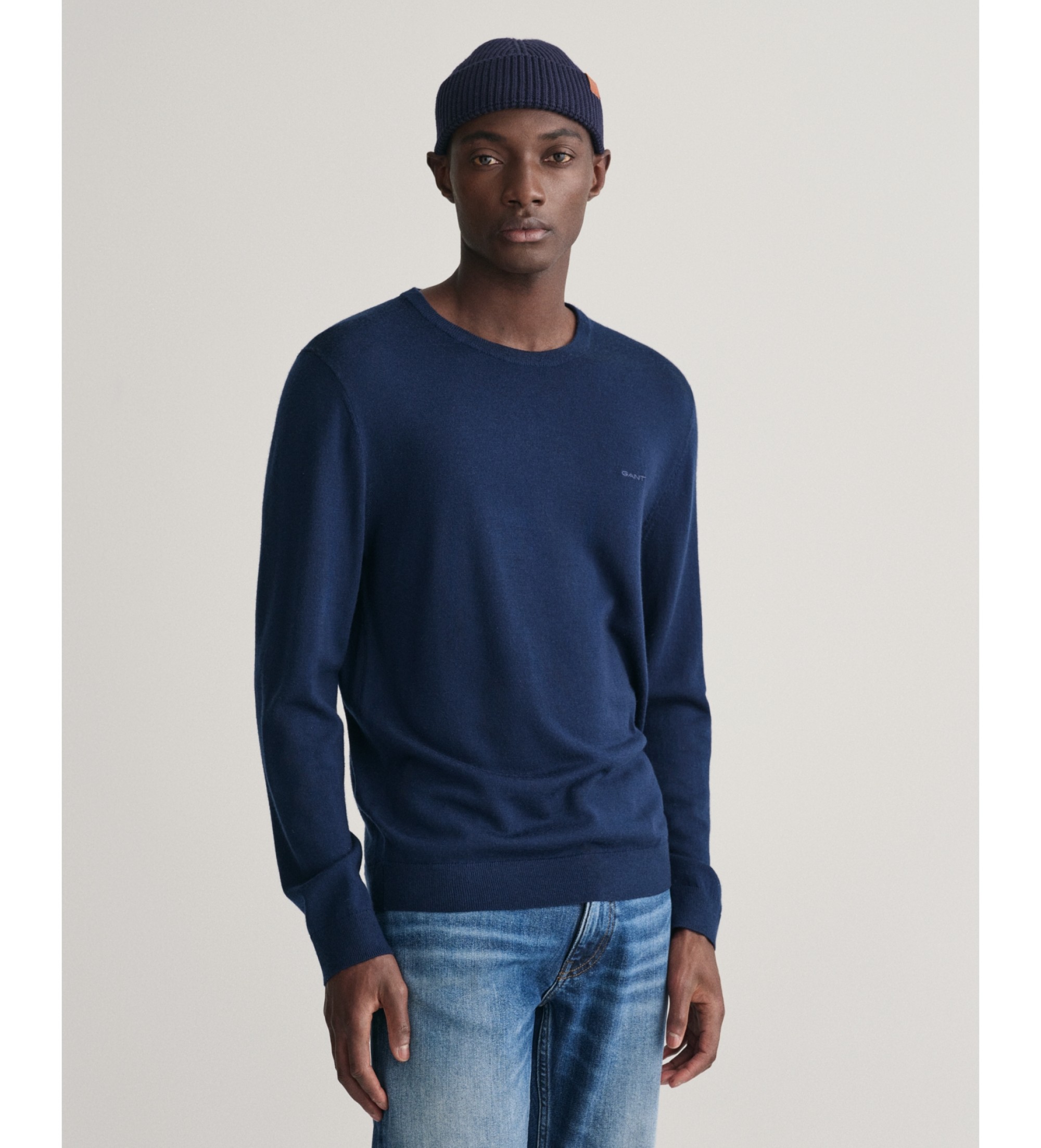 Gant für Herren. 8050205 Pullover aus extrafeiner Merinowolle mit marinefarbenem Rundhalsausschnitt (M), Lässig, Langarm