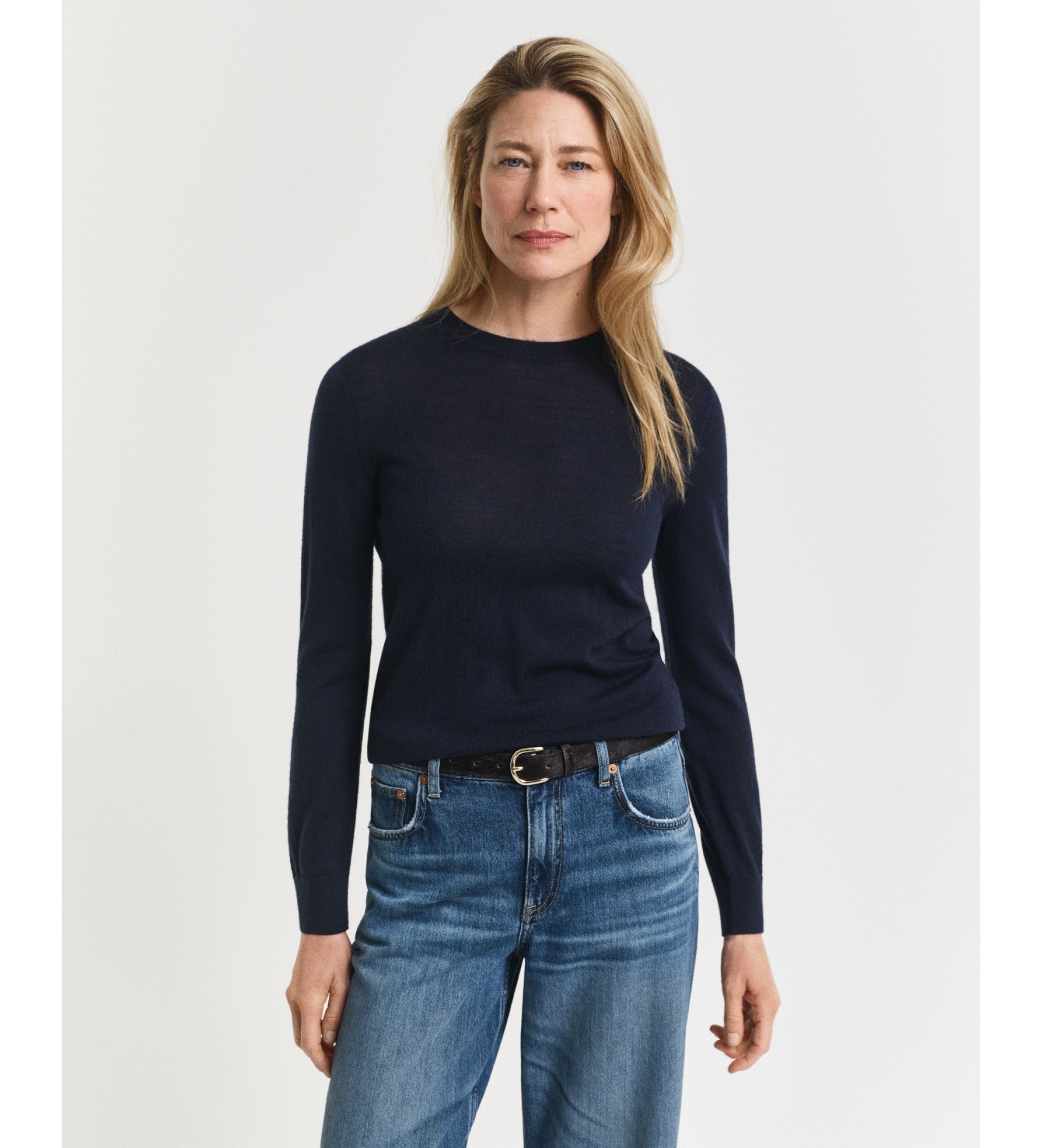 Gant für Damen. 4800300 Pullover aus extrafeiner Merinowolle mit Rundhalsausschnitt, Marineblau (M), Lässig, Klassisch, Langarm