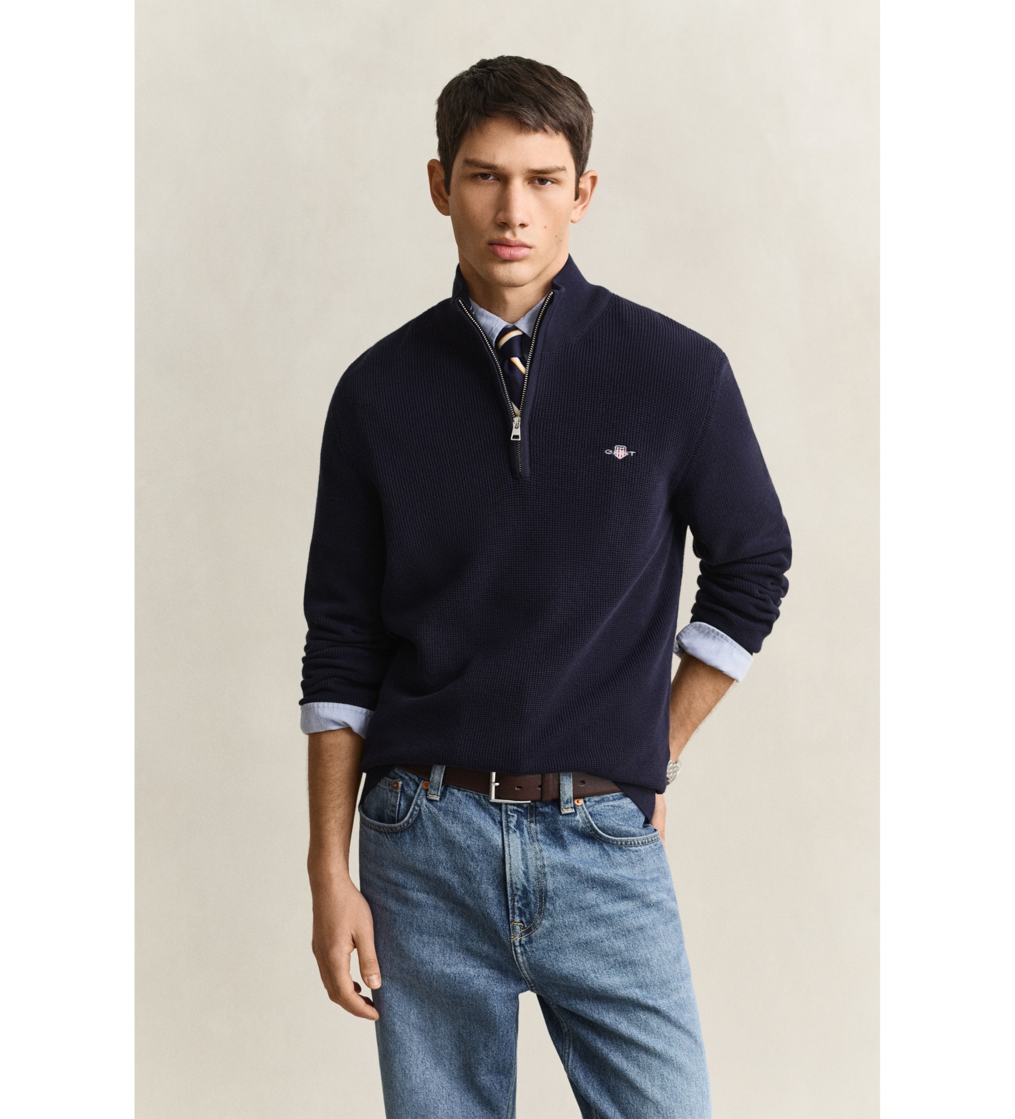 Gant für Herren. 8030292 Pullover mit halbem Reißverschluss marineblau (L), Lässig, Bio-Baumwolle