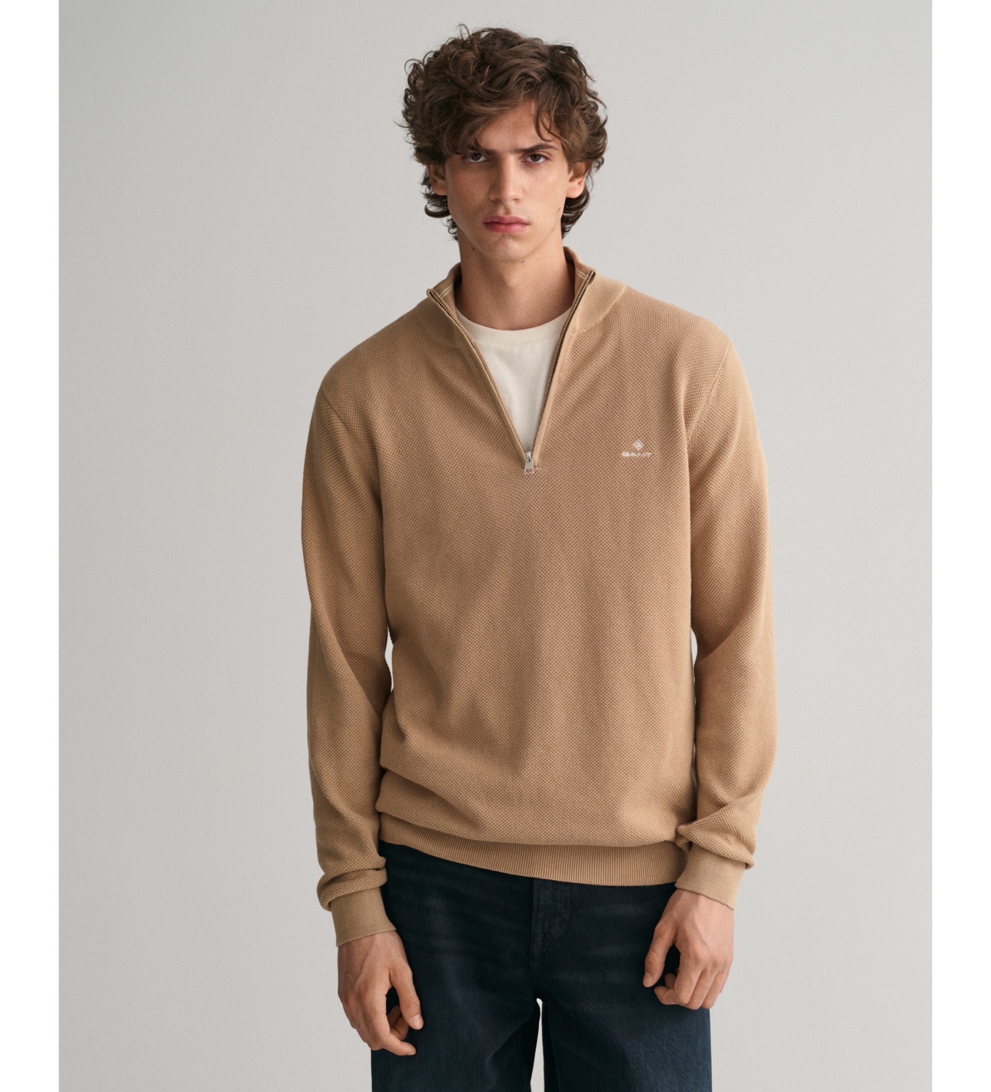 Gant für Herren. 8040523 Baumwollpikee-Pullover mit halbem Reißverschluss beige (S), Lässig, Baumwolle, Langarm