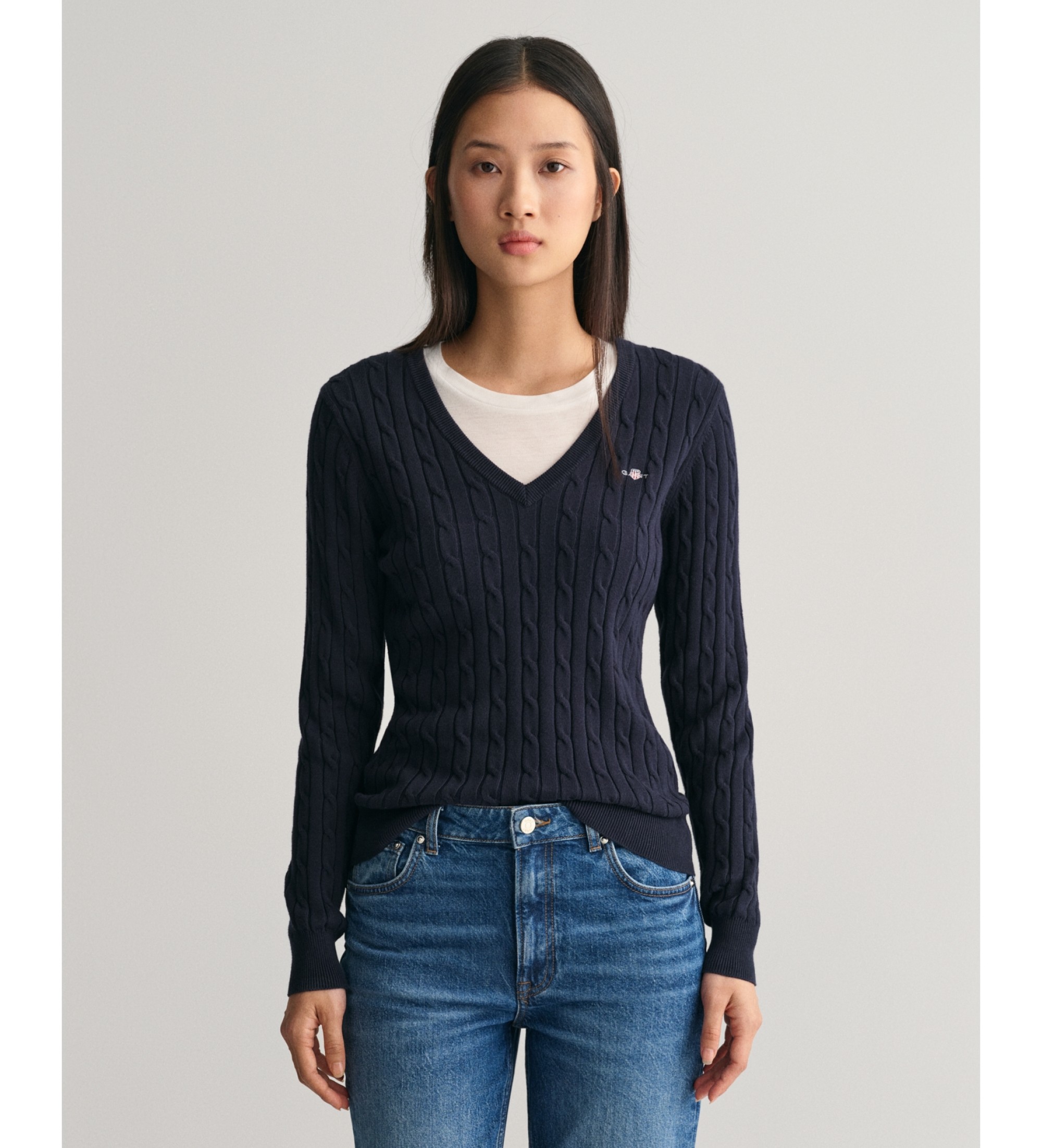 Gant für Damen. 4800101 Strickpullover mit V-Ausschnitt aus Stretch-Baumwolle in navy mit geripptem V-Ausschnitt (M), Lässig, Langarm, Marin