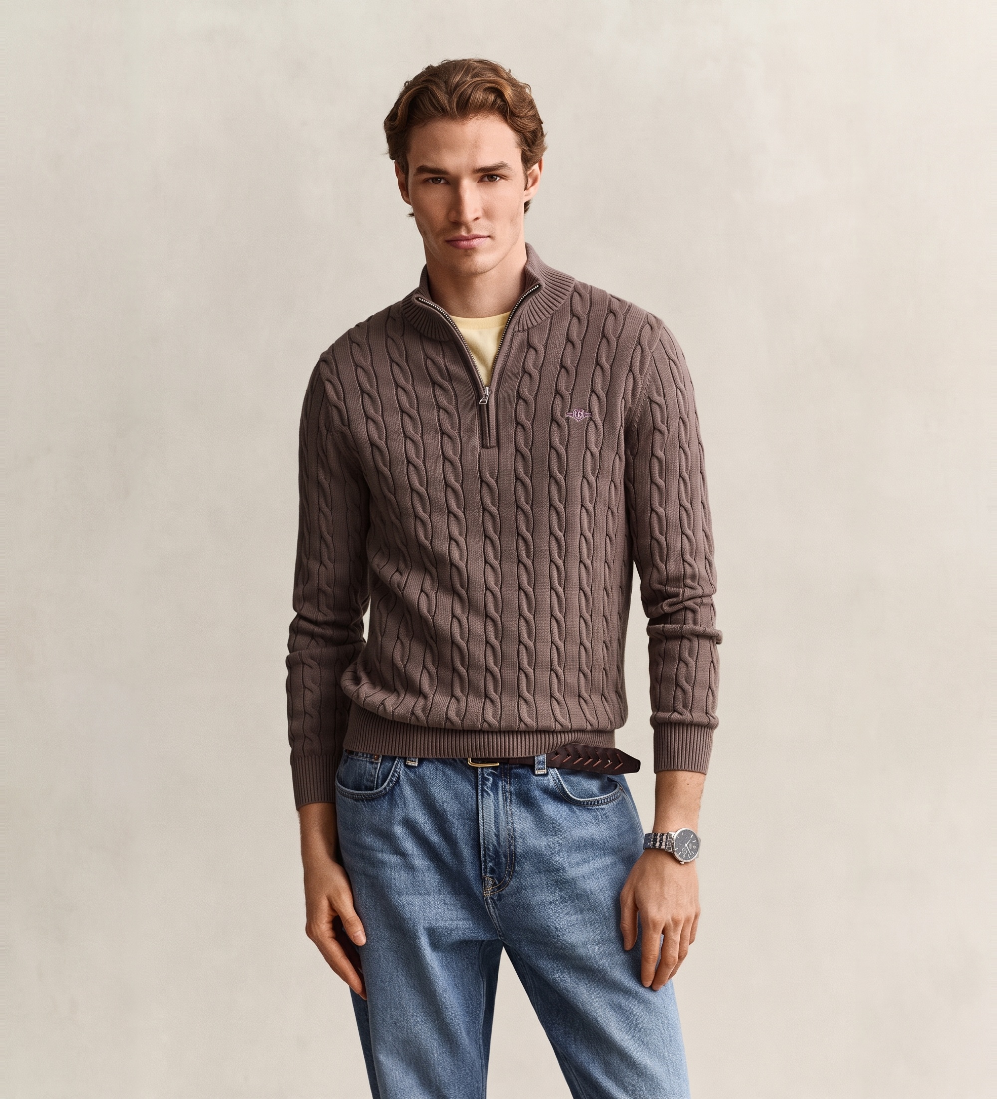 Gantvoor mannen. 8050603 Bruine kabelgebreide trui met halve rits (XXL), Casual, Katoen, Klassiek, Taupe