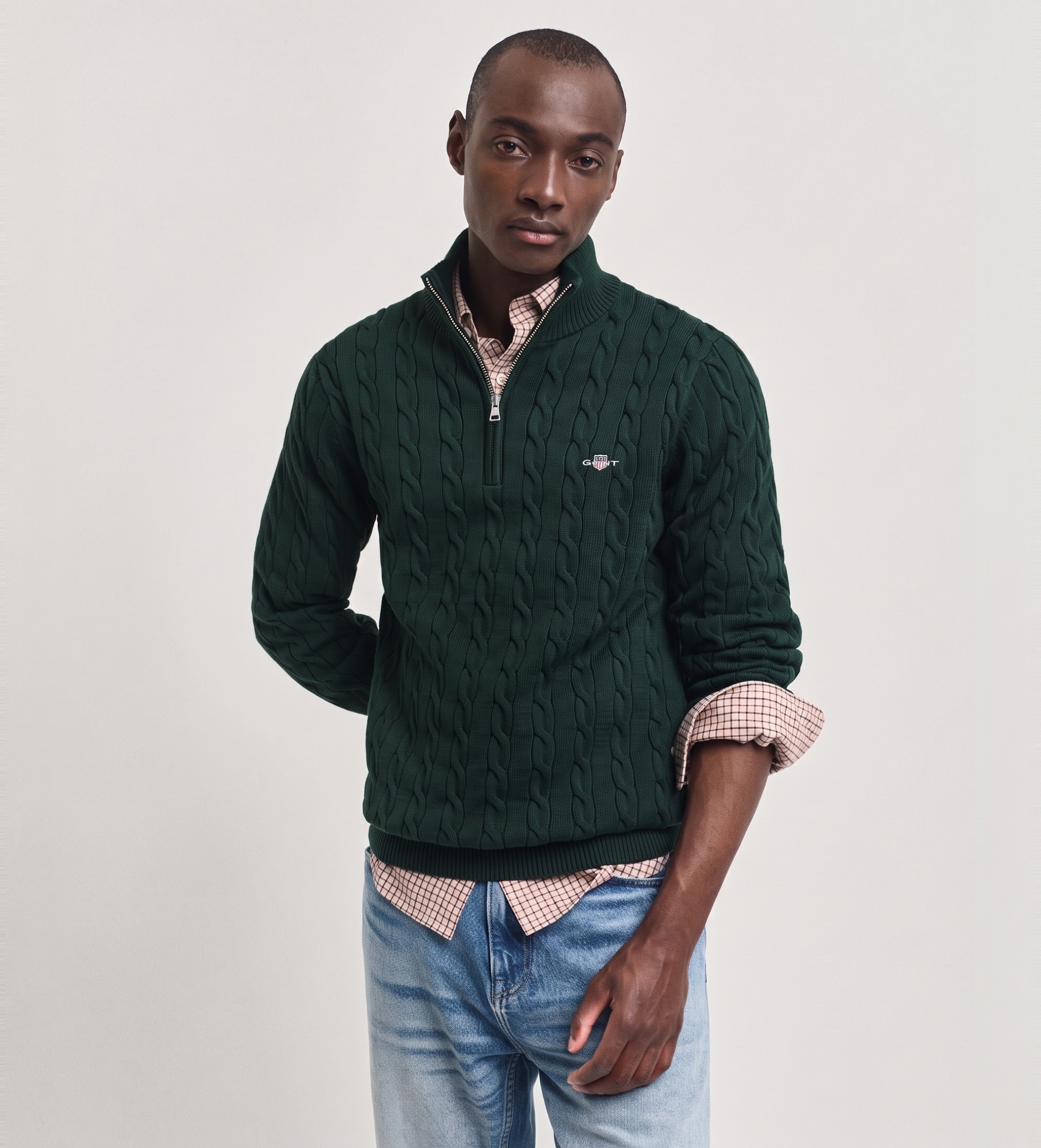 Gantvoor mannen. 8050603 Groene gebreide trui met kabelpatroon en halve rits (XL), Casual, Katoen