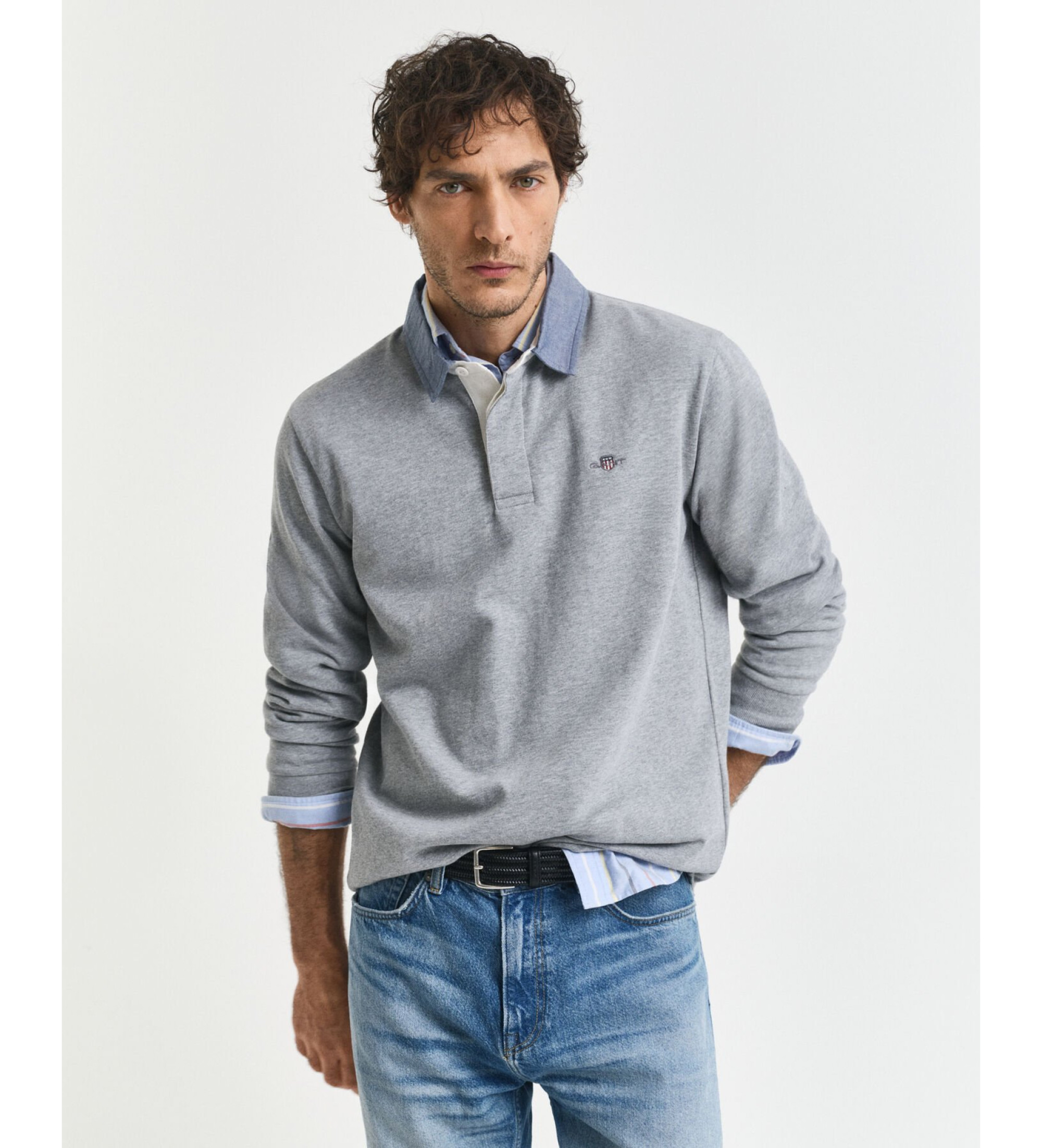 Gant für Herren. 2004082 Polo Reg Chambray Schwer Grau (L), Lässig, Baumwolle, Langarm