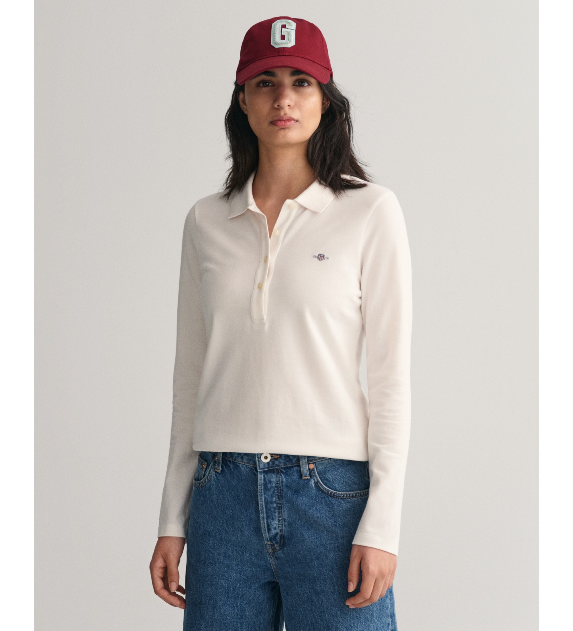Gant für Damen. 4202521 Langärmeliges Piqué-Poloshirt Shield in Off-White (S), Weiß, Lässig, Baumwolle, Langarm