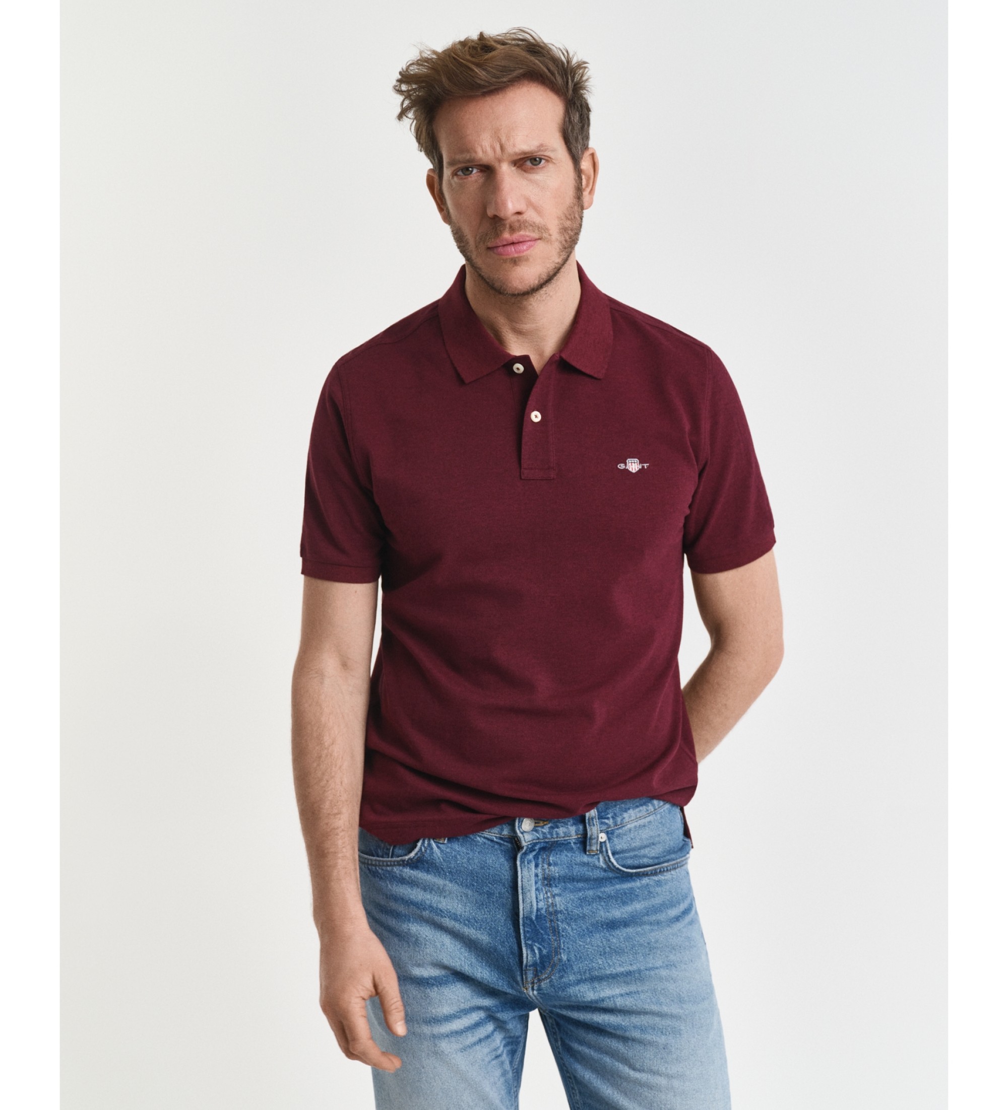 Gantvoor mannen. 2210 Polo Schild bordeaux (S), Casual, Katoen, Korte mouwen