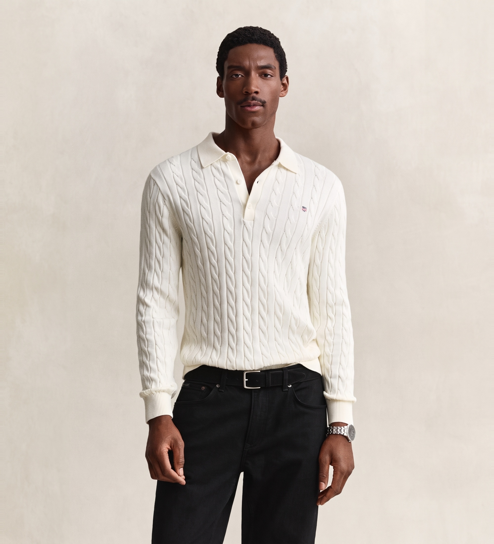 Gantvoor mannen. 8050616 Gebreide polo met kabelpatroon in crèmekleur (L), Wit, Casual, Katoen, Klassiek, Lange mouwen