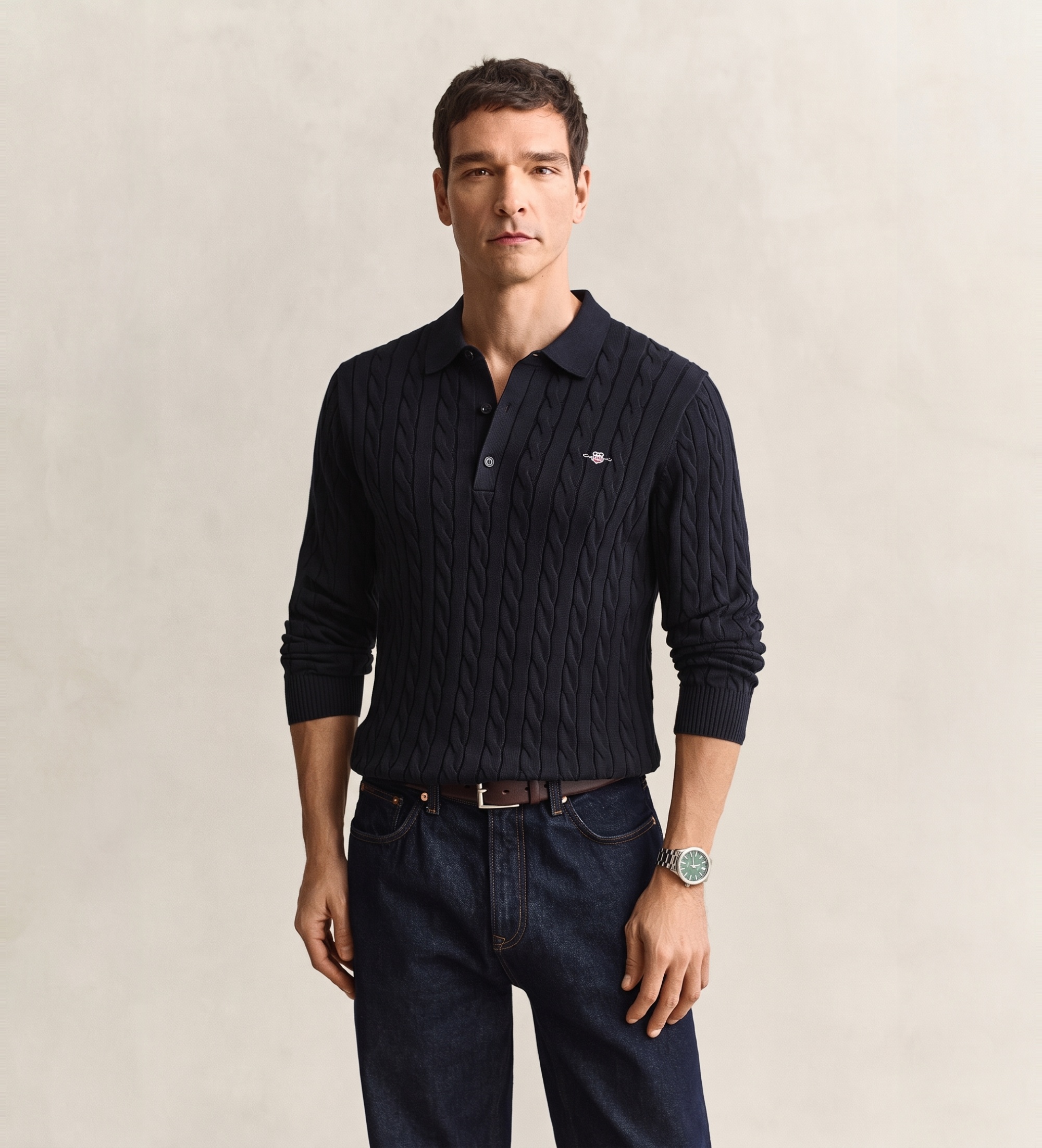 Gantvoor mannen. 8050616 Polo met gevlochten punt, marineblauw (L), Casual, Katoen, Klassiek, Lange mouwen