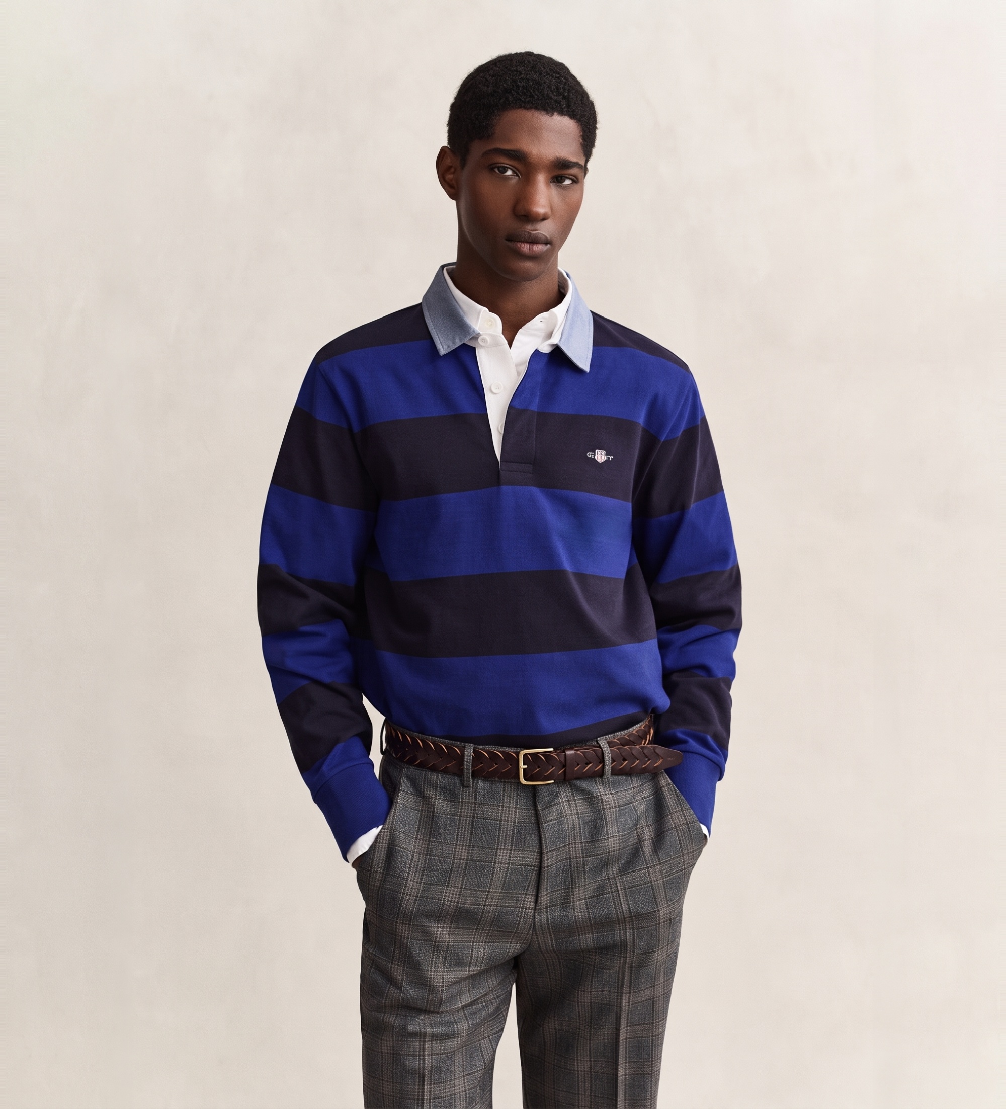 Gantvoor mannen. 2004083 Gestreepte polo blauw (3XL), Casual, Katoen, Lange mouwen