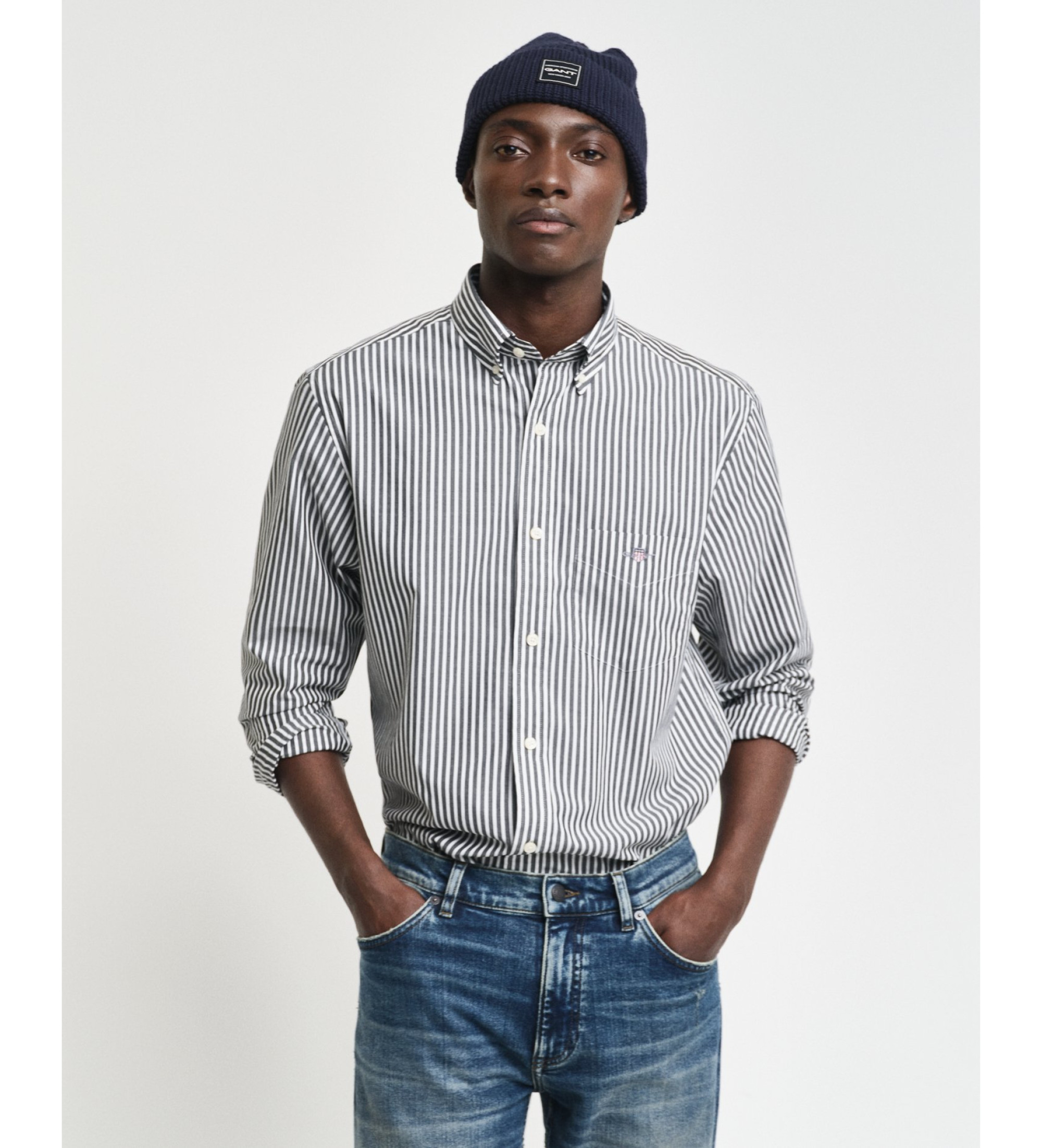 Gant für Herren. 3000130 Hemd Regular Fit schwarz gestreiftes Popeline-Hemd (M), Lässig, Baumwolle, Klassisch, Langarm