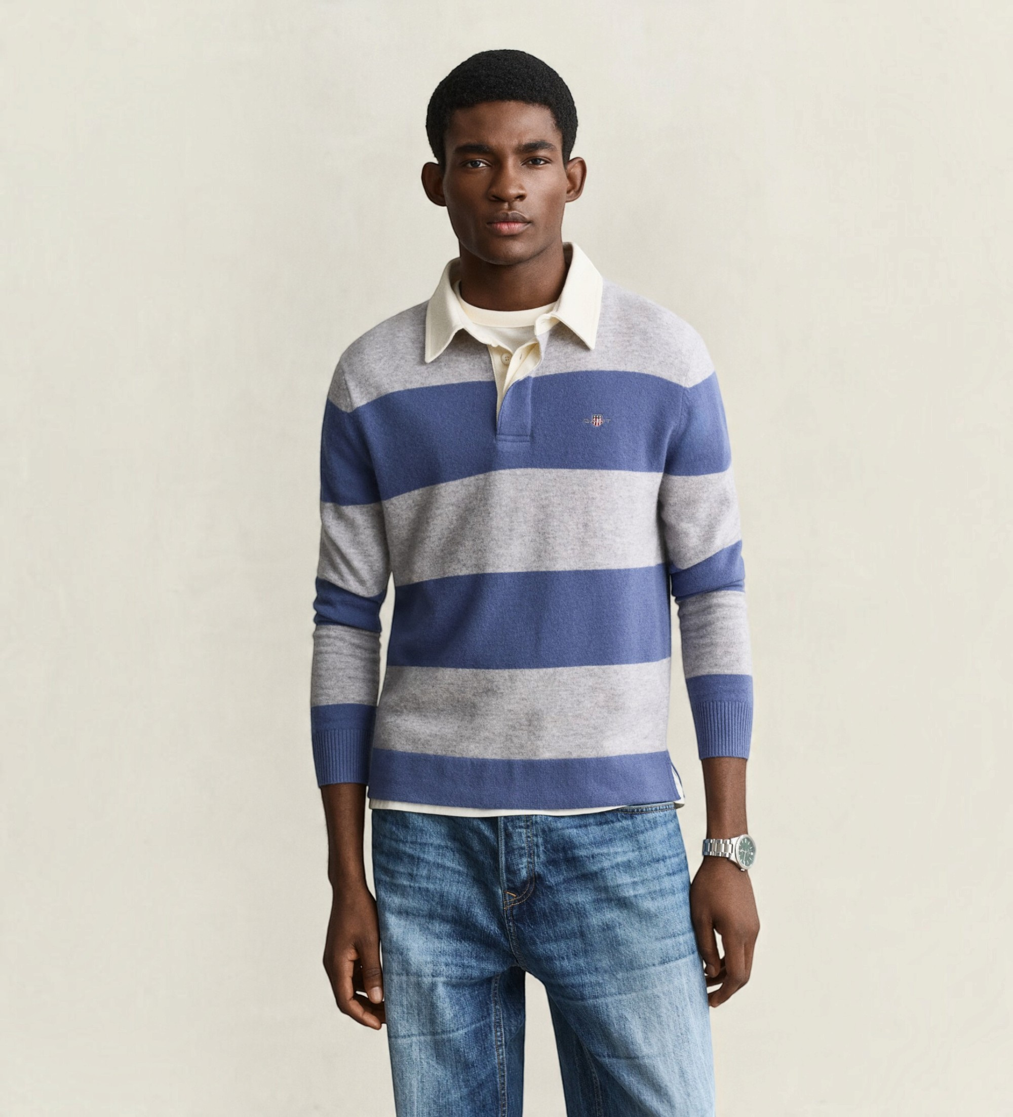 Gantvoor mannen. 8050320 Gestreepte polo van schapenwol, breed gestreept blauw, grijs (S), Casual