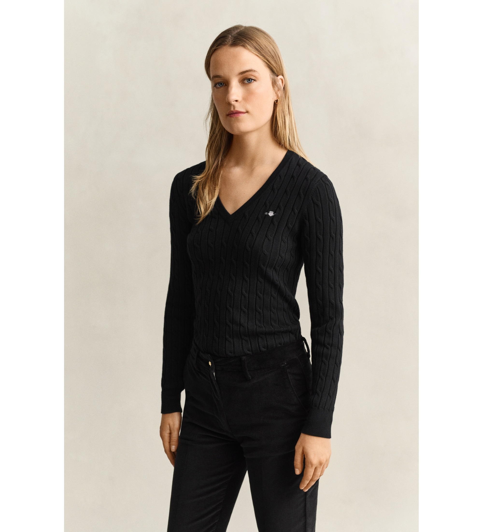 Gant für Damen. 4800101 Zopfmuster-Pullover mit V-Ausschnitt in Schwarz (S), Lässig, Baumwolle