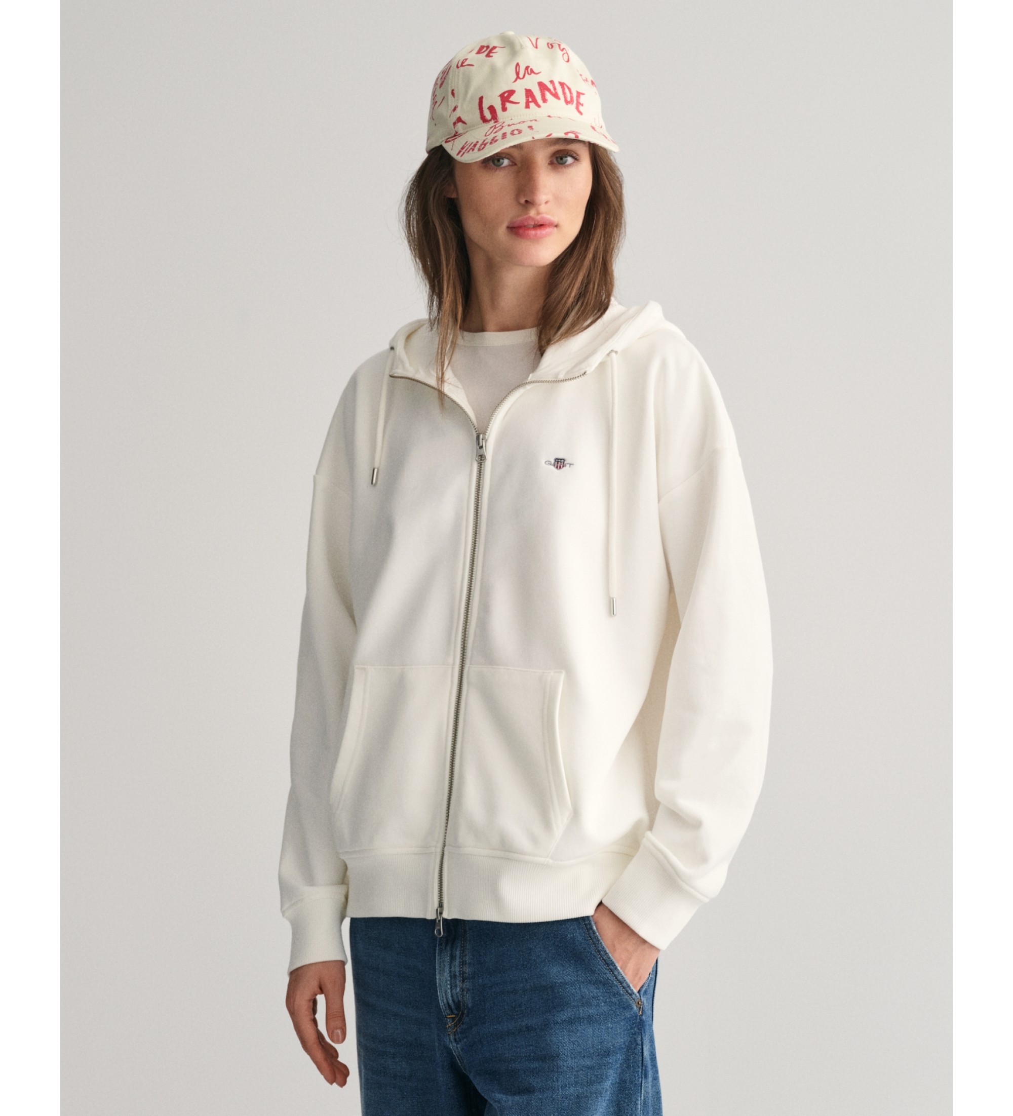 Gant für Damen. 4201412 Shield Kapuzenpullover mit Reißverschluss weiß (S), Lässig, Baumwolle