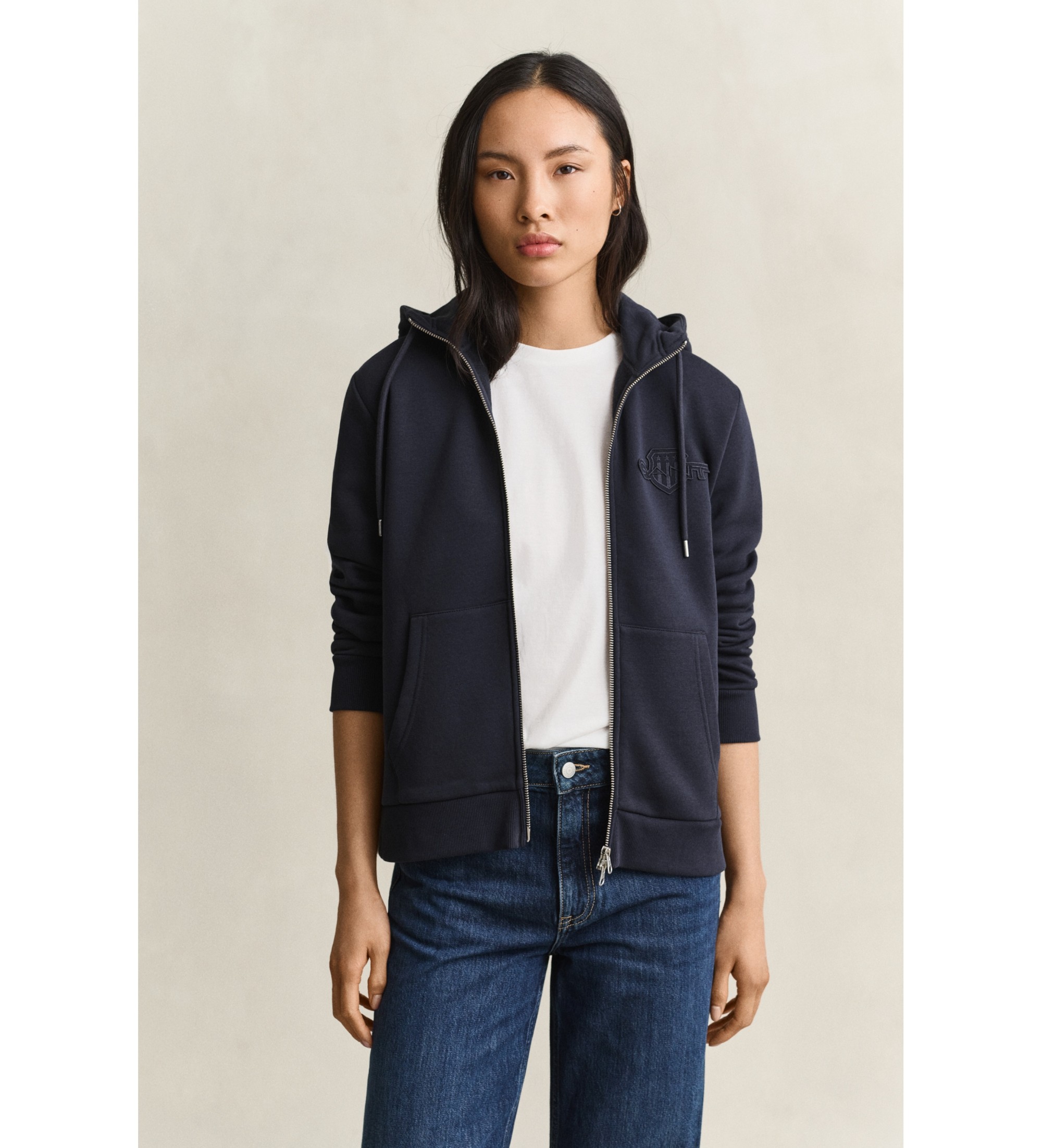 Gant für Damen. 4202588 Kapuzensweatshirt mit Reißverschluss Tonal Shield marineblau (S), Lässig, Baumwolle