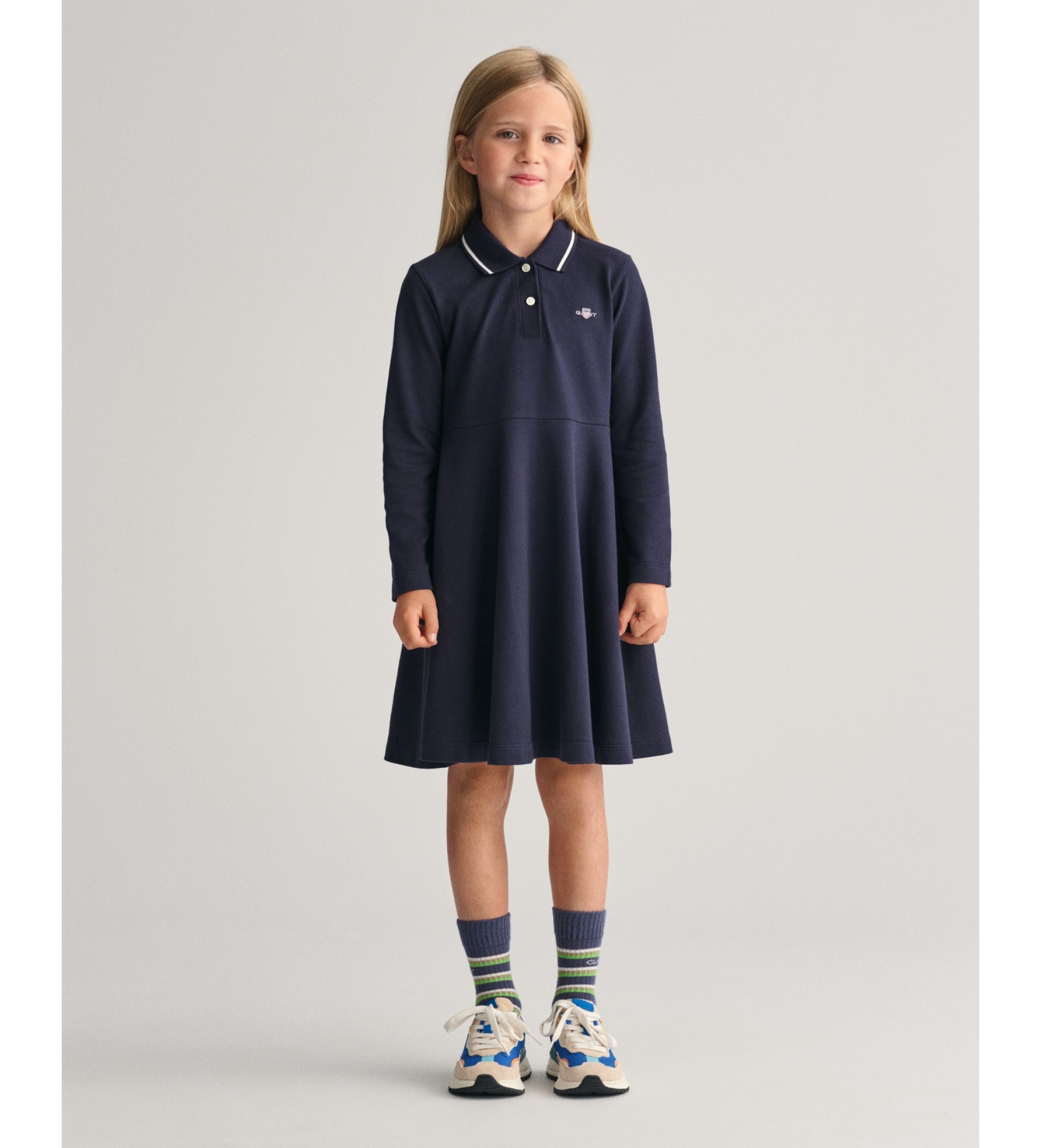 Gant für Mädchen. 751135 Marineblaues Piqué-Kleid mit Volant (3/4años= 98/104cm), Lässig, Baumwolle, Langarm, Kinderbekleidung