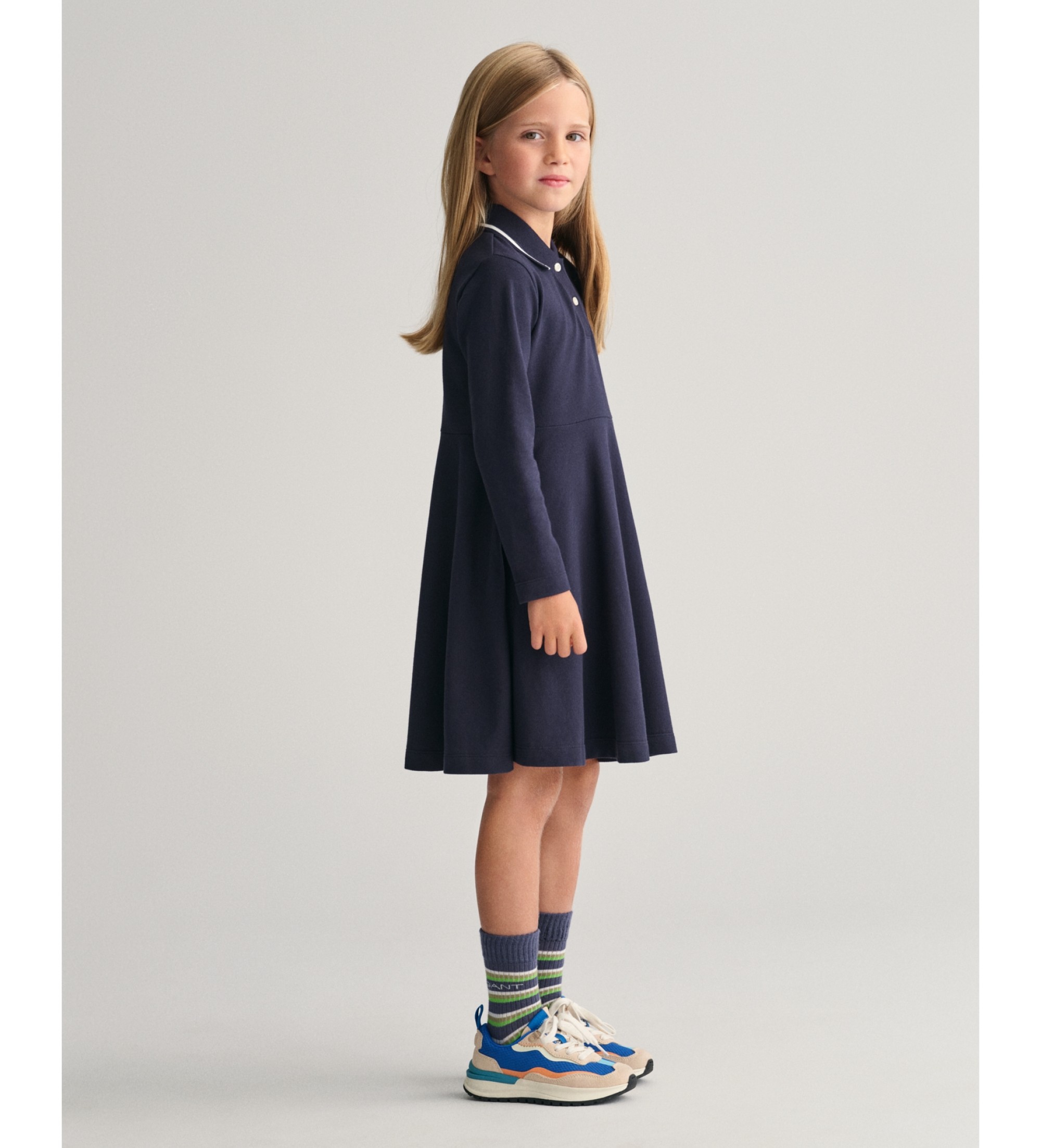 Gant für Mädchen. 751135 Marineblaues Piqué-Kleid mit Volant (7/8años= 122/128cm), Lässig, Baumwolle, Langarm, Kinderbekleidung