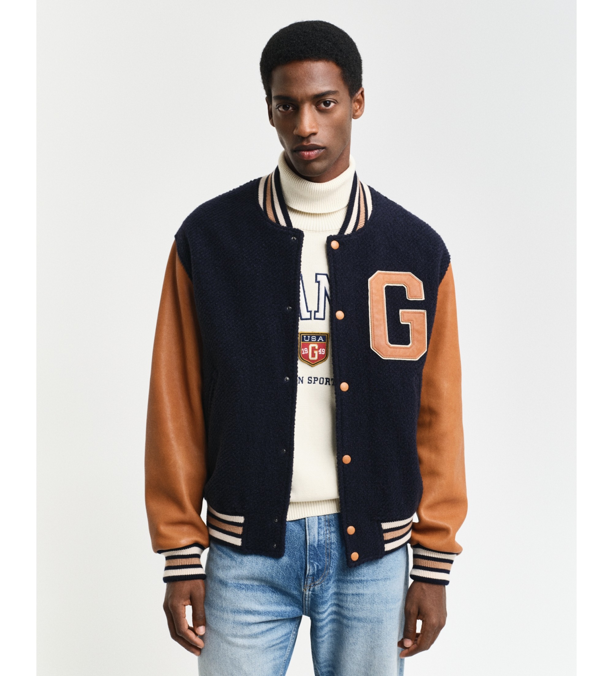 Gant für Herren. 7006439 Varsity-Jacke aus navyfarbenem Leder und Wollgemisch (L), Lässig, Marine