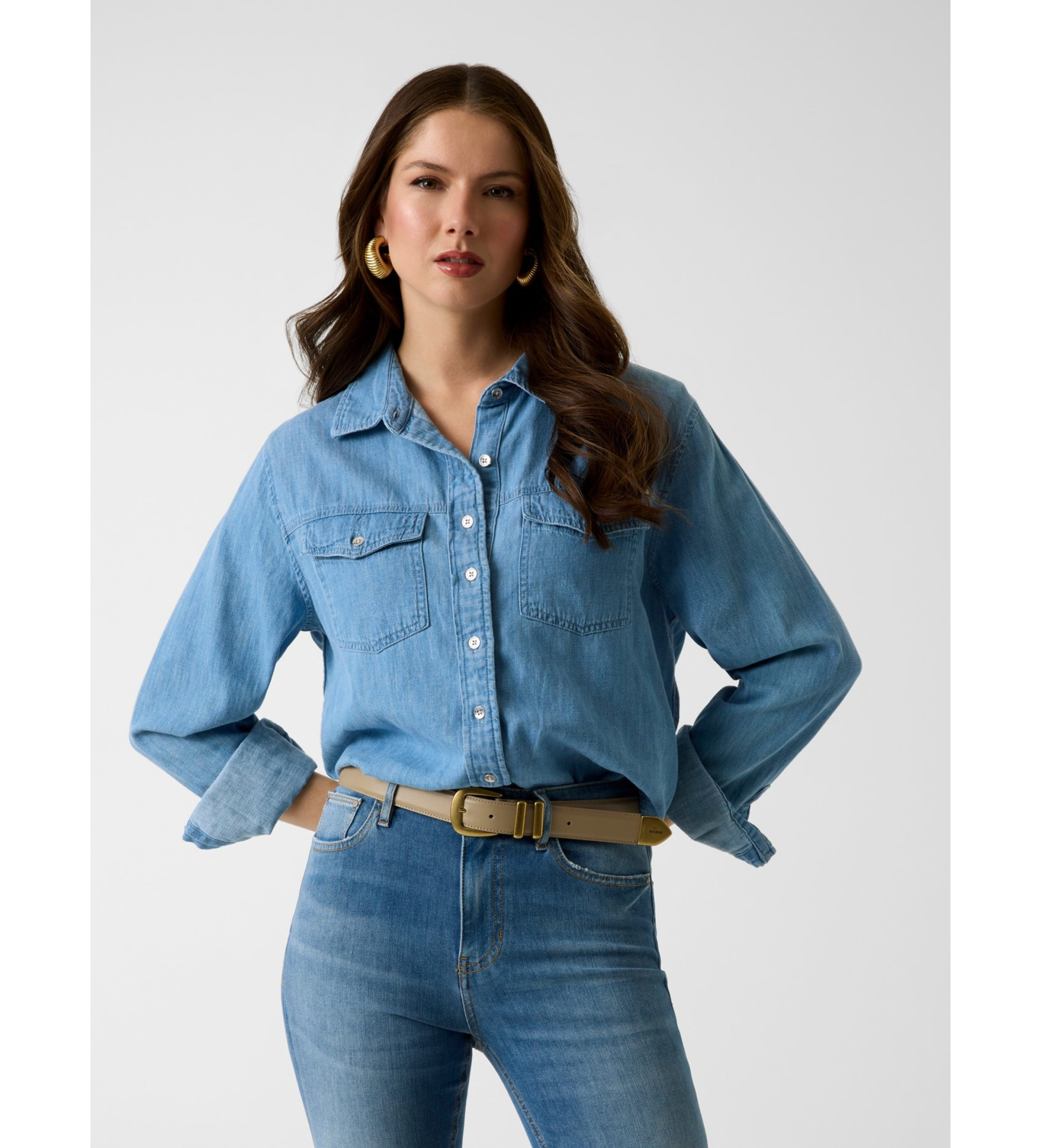 Guess für Damen. W6GH55D0876 Zaunkönig Denim Shirt blau (S), Lässig, Baumwolle, Langarm