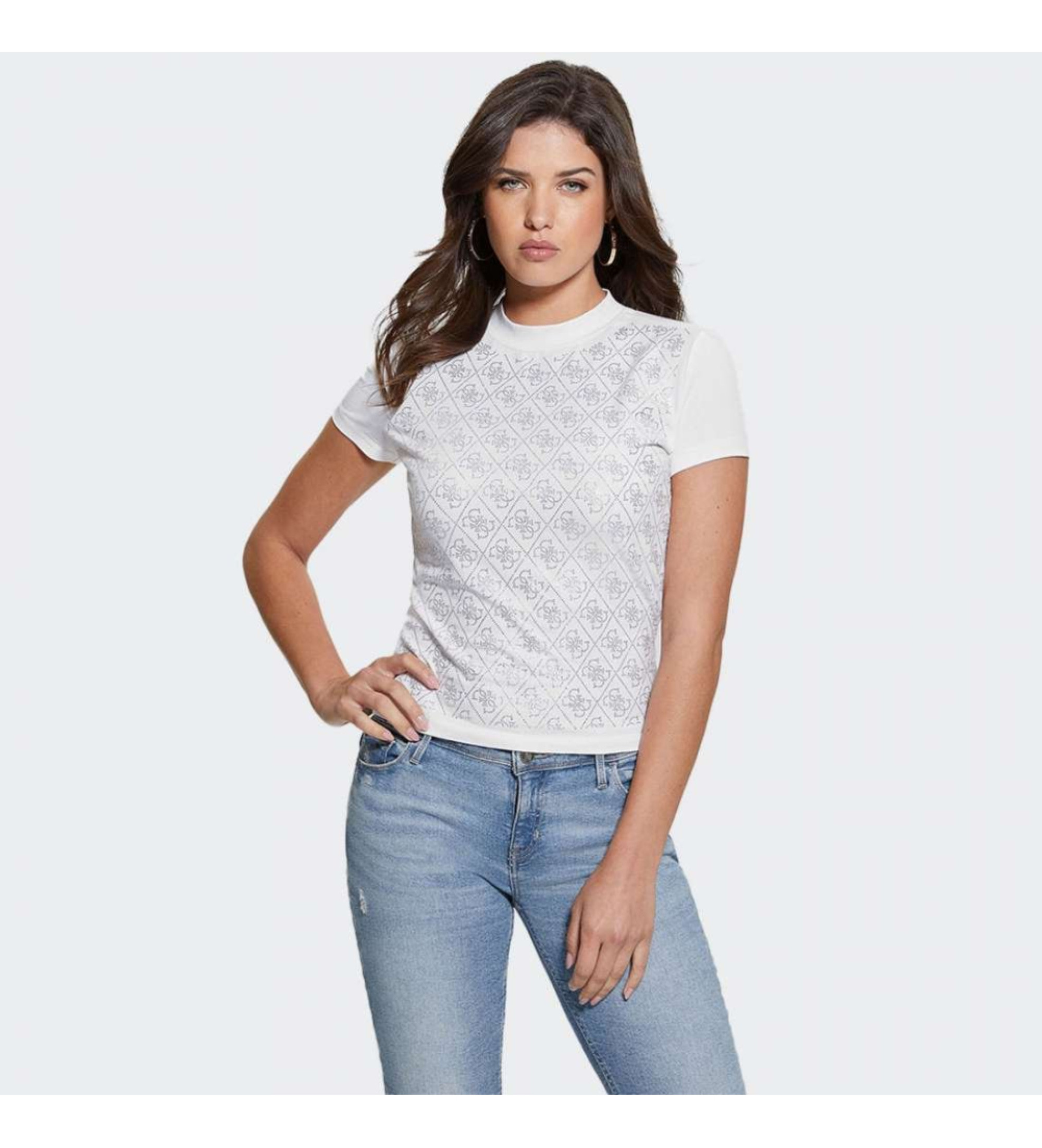 Guess für Damen. W4BI26J1314 T-Shirt mit weißem 4G-Logo (S), Lässig, Baumwolle, Kurzarm