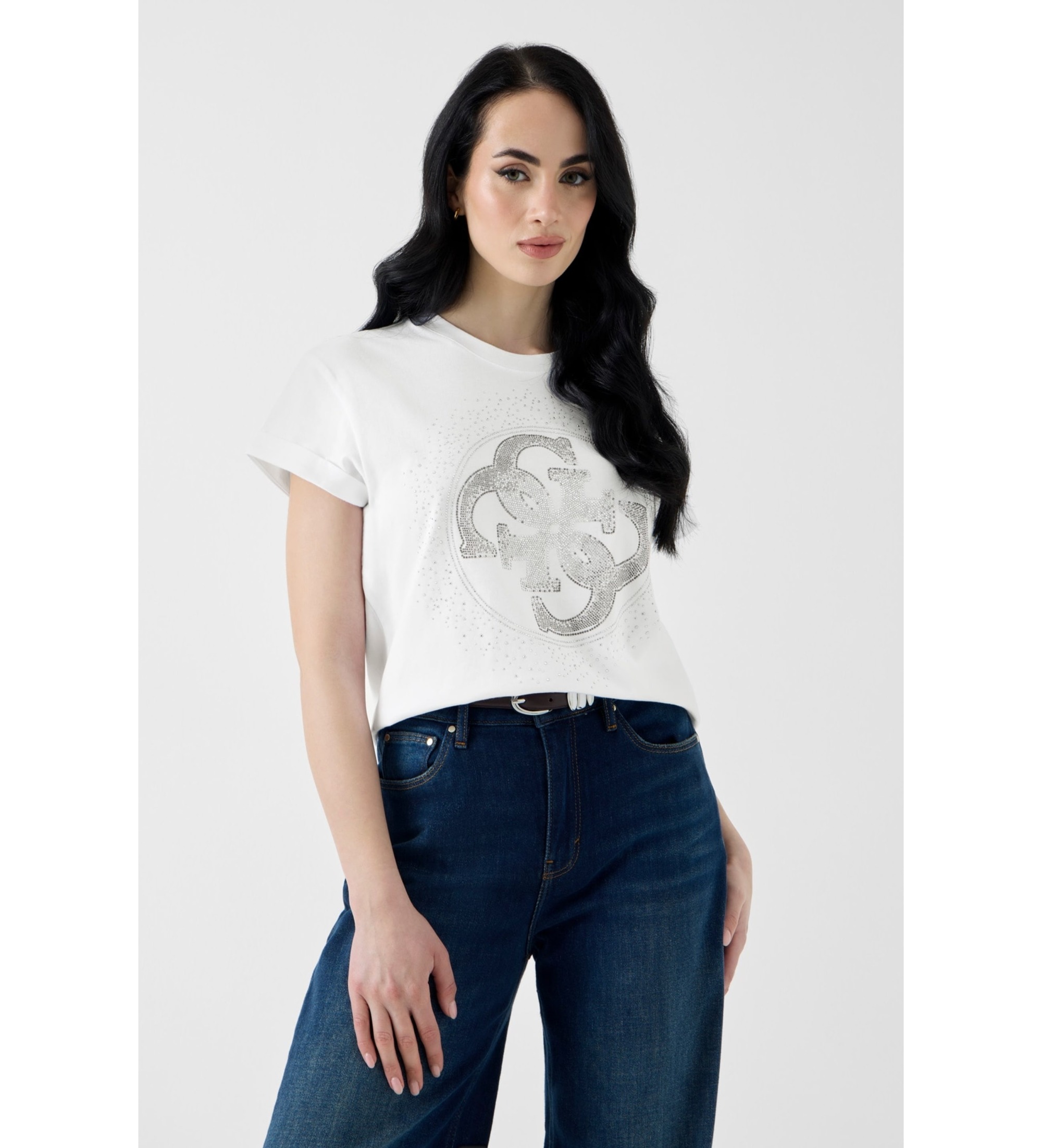 Guess für Damen. W6YI18K4331 T-Shirt mit weißem Strass-Logo (XL), Lässig, Baumwolle, Kurzarm
