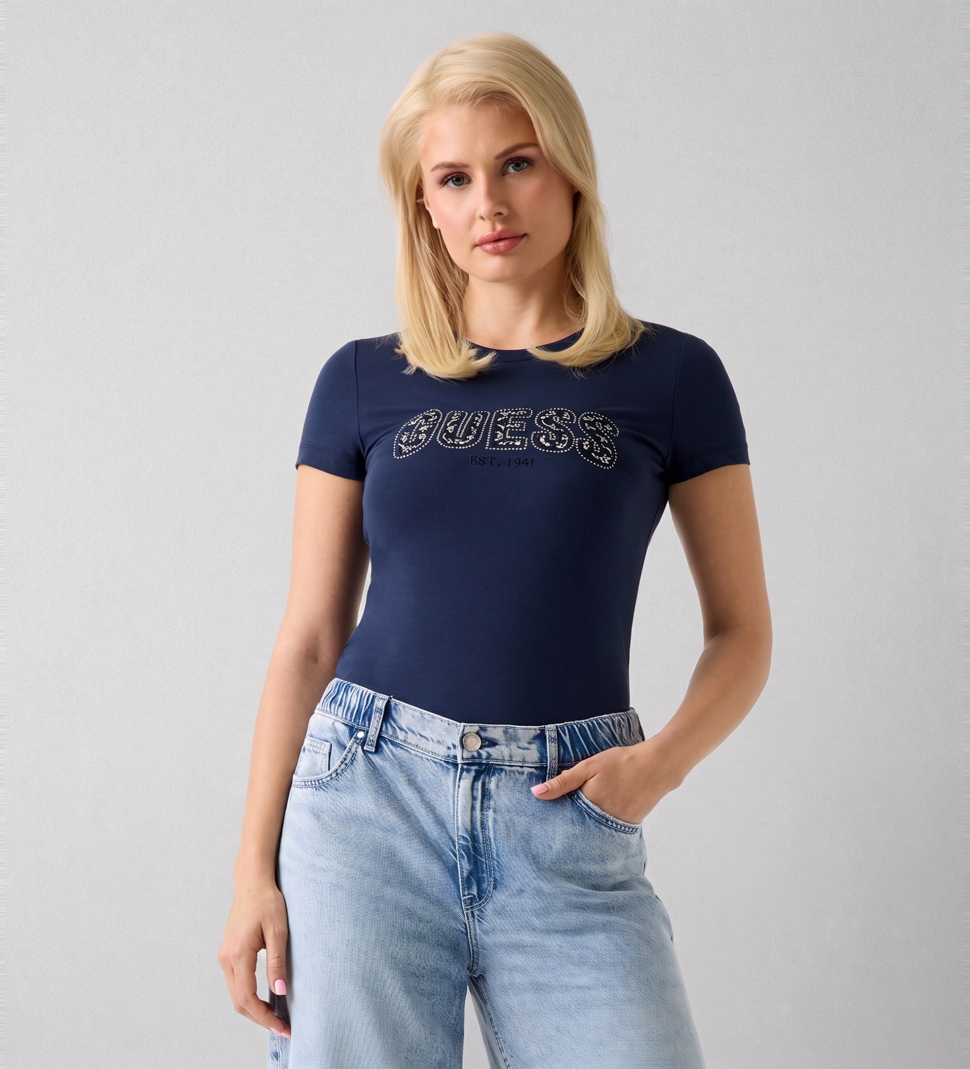 Guess für Damen. W5GI04J1314 T-shirt mit Logo slim fit blau (S), Lässig, Baumwolle