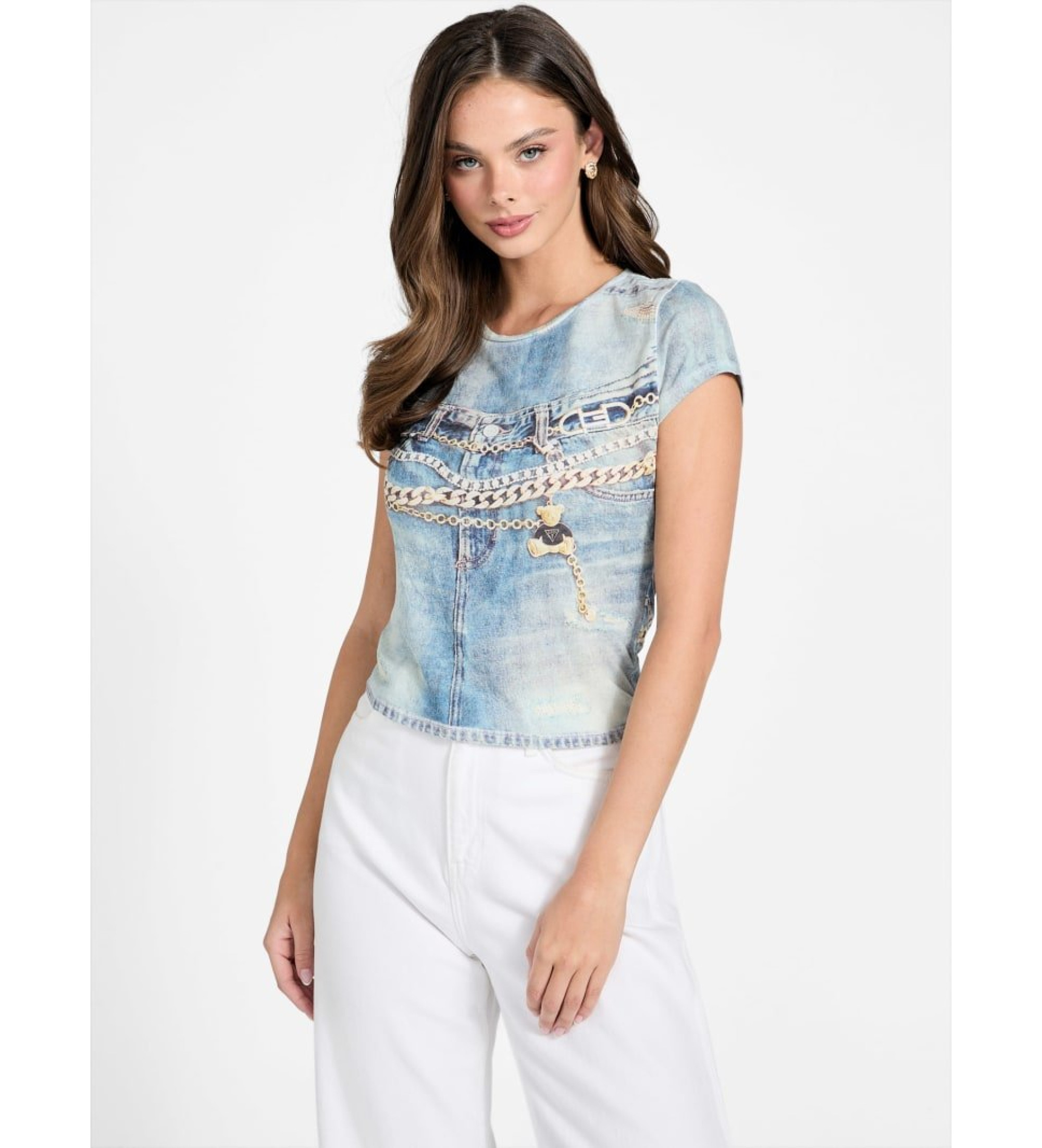 Guess für Damen. W6RI52KCCG0 Sub-Denim-T-Shirt blau (S), Lässig, Polyester, Kurzarm