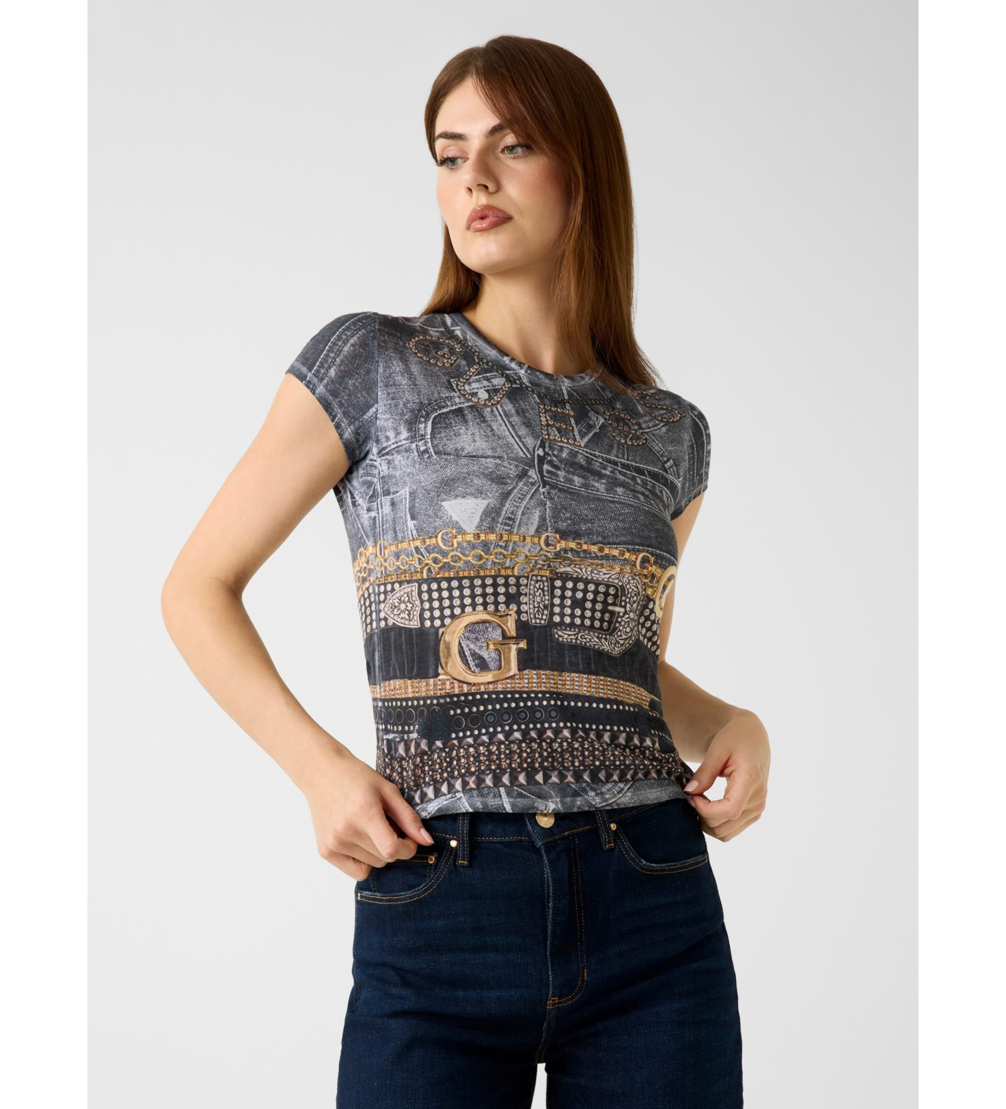 Guess für Damen. W6RI05KCCG0 Schwarzes bedrucktes T-shirt (S), Lässig, Polyester, Kurzarm