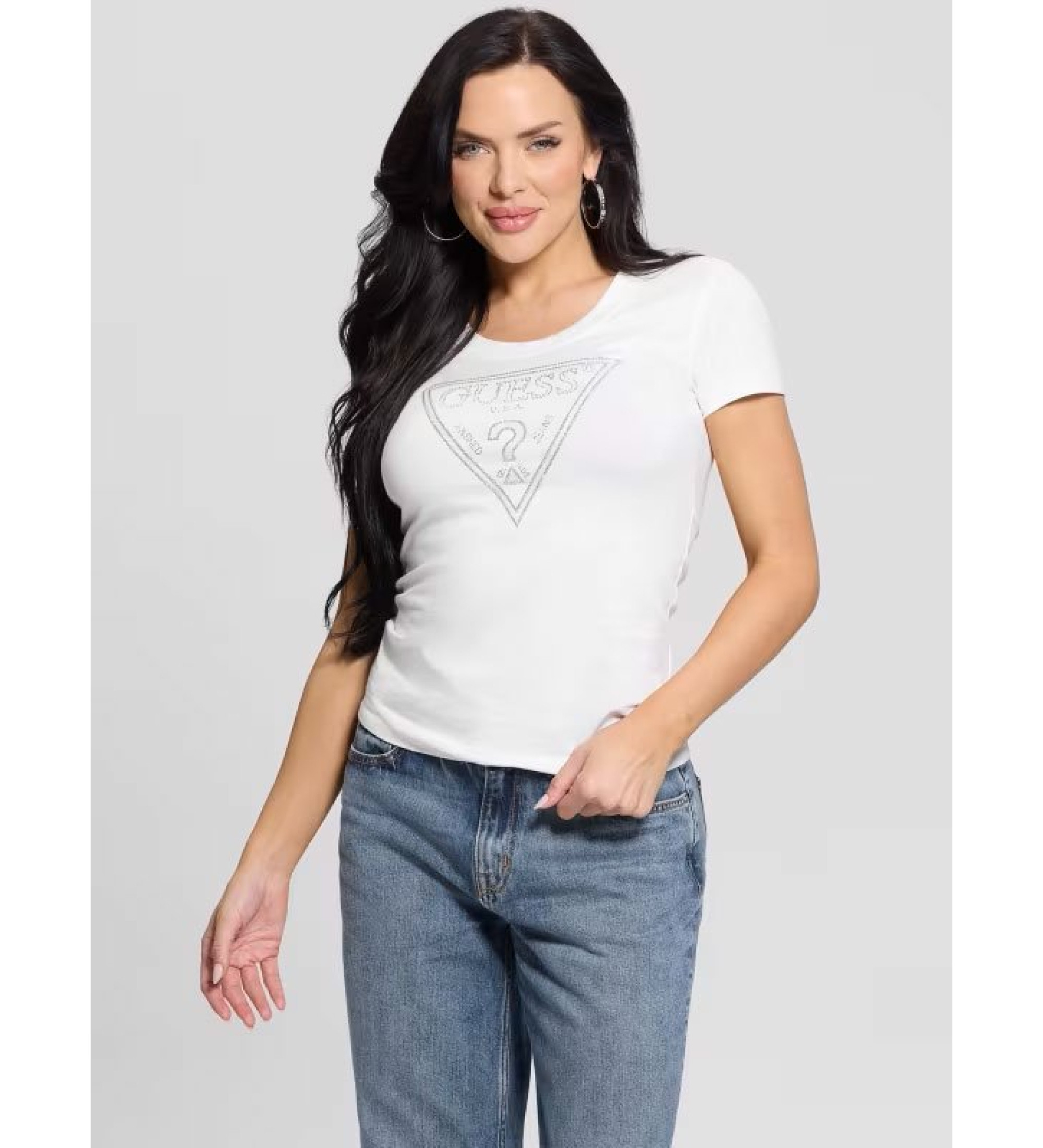 Guess für Damen. W5RI11J1314 T-Shirt Logo Glänzend weiß (S), Lässig, Baumwolle, Kurzarm