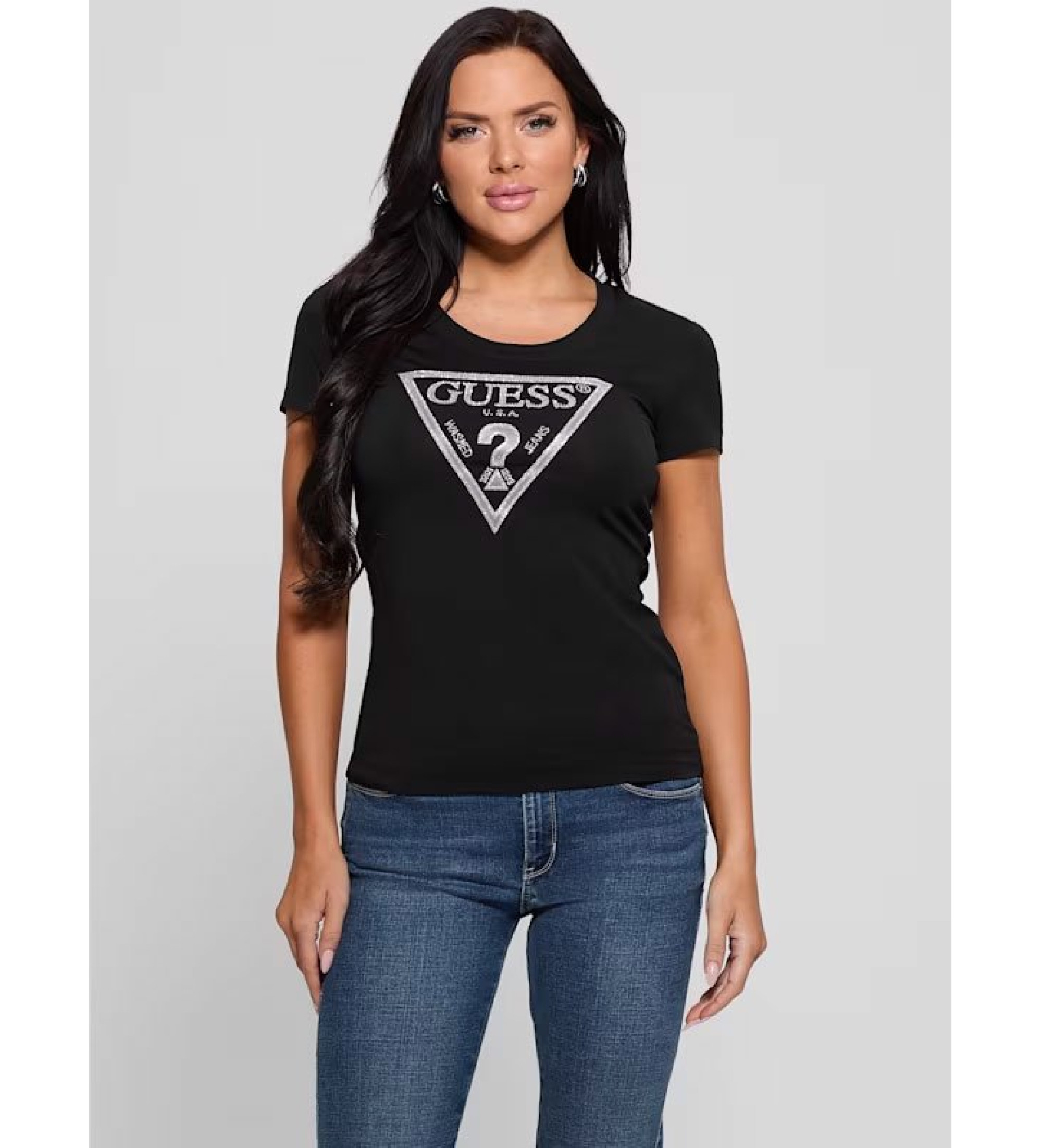Guess für Damen. W5RI11J1314 Glänzendes Logo-T-Shirt schwarz (M), Lässig, Baumwolle, Kurzarm