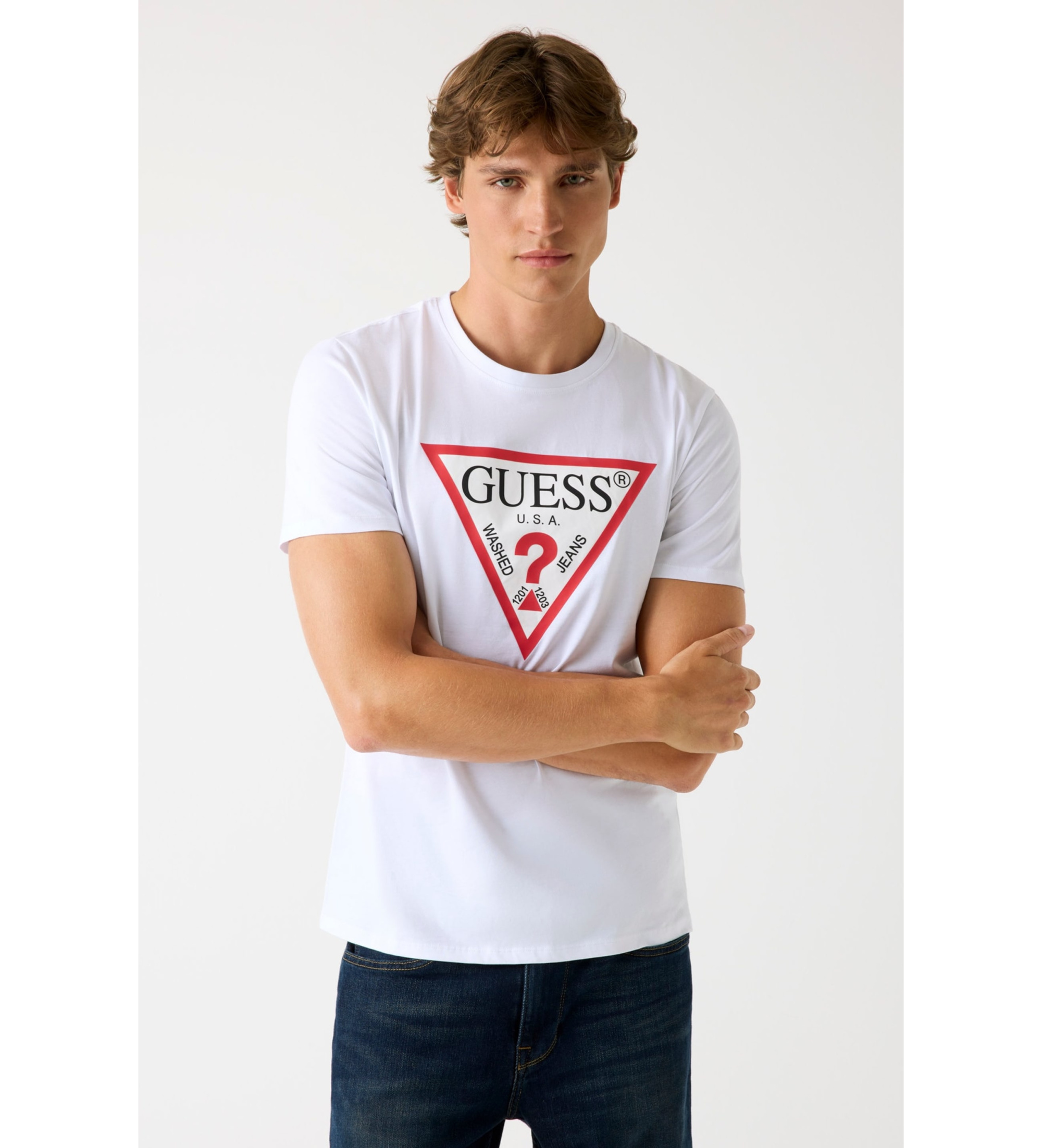 Guess für Herren. M2YI71I3Z14 Weißes T-Shirt mit dreieckigem Logo (XS), Lässig, Baumwolle, Kurzarm