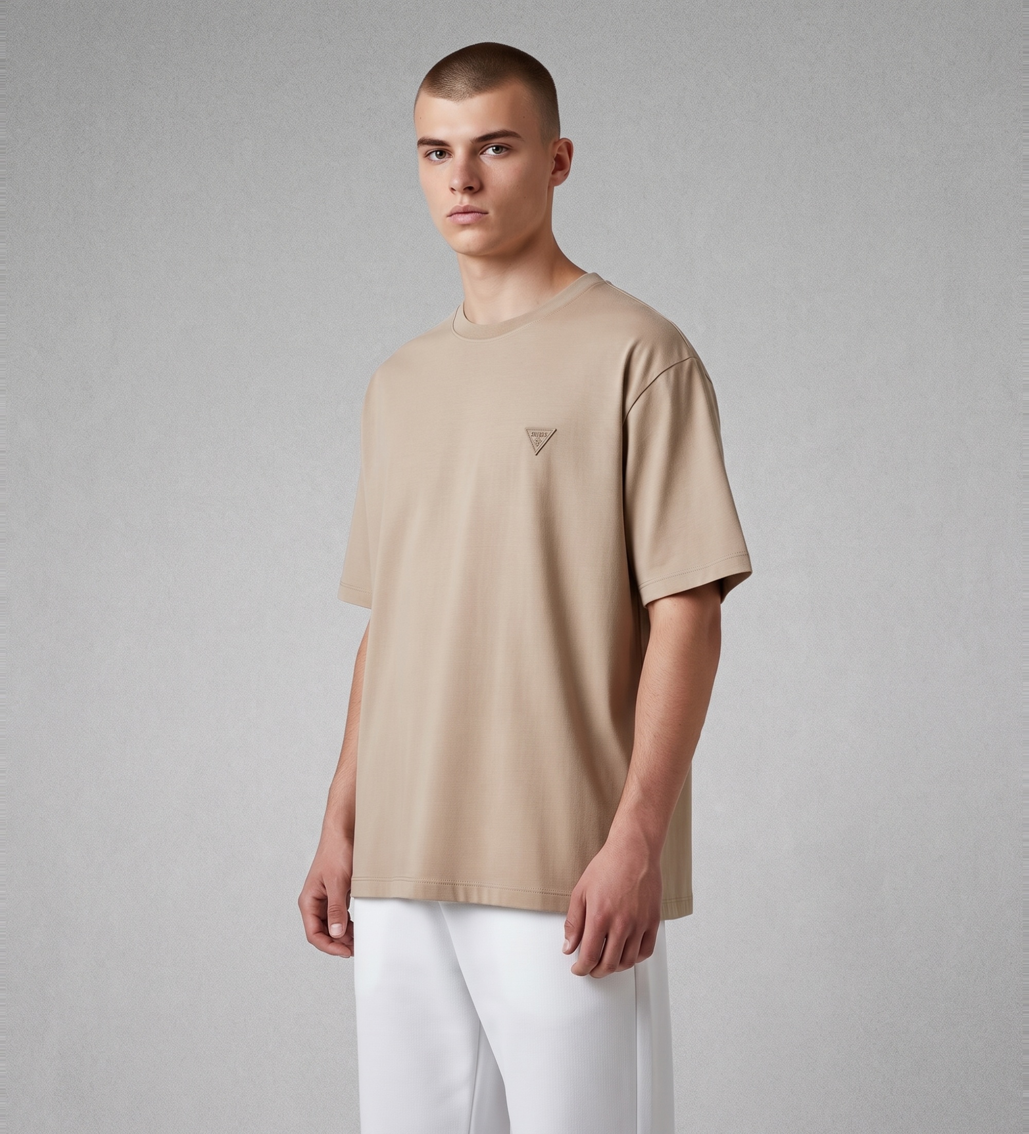 Guess für Herren. M6GI21K3053 Beigefarbenes T-Shirt mit Aufnäher (S), Lässig, Baumwolle, Kurzarm