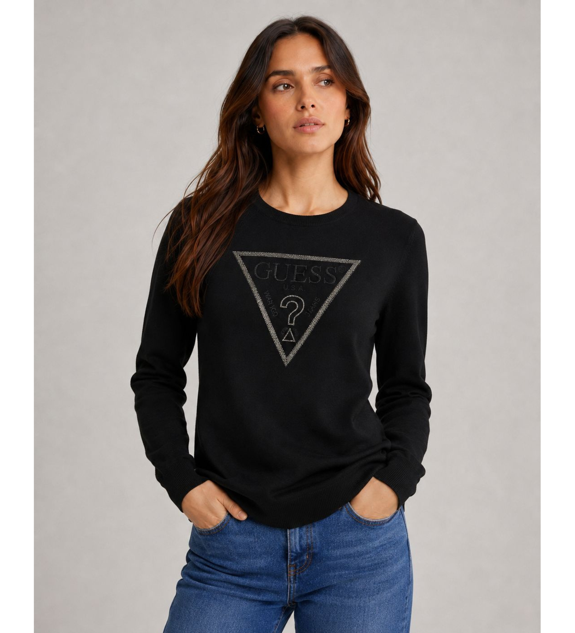 Guess für Damen. W6RR49Z2NQ2 Sasha T-shirt schwarz (S), Lässig, Viskose, Langarm