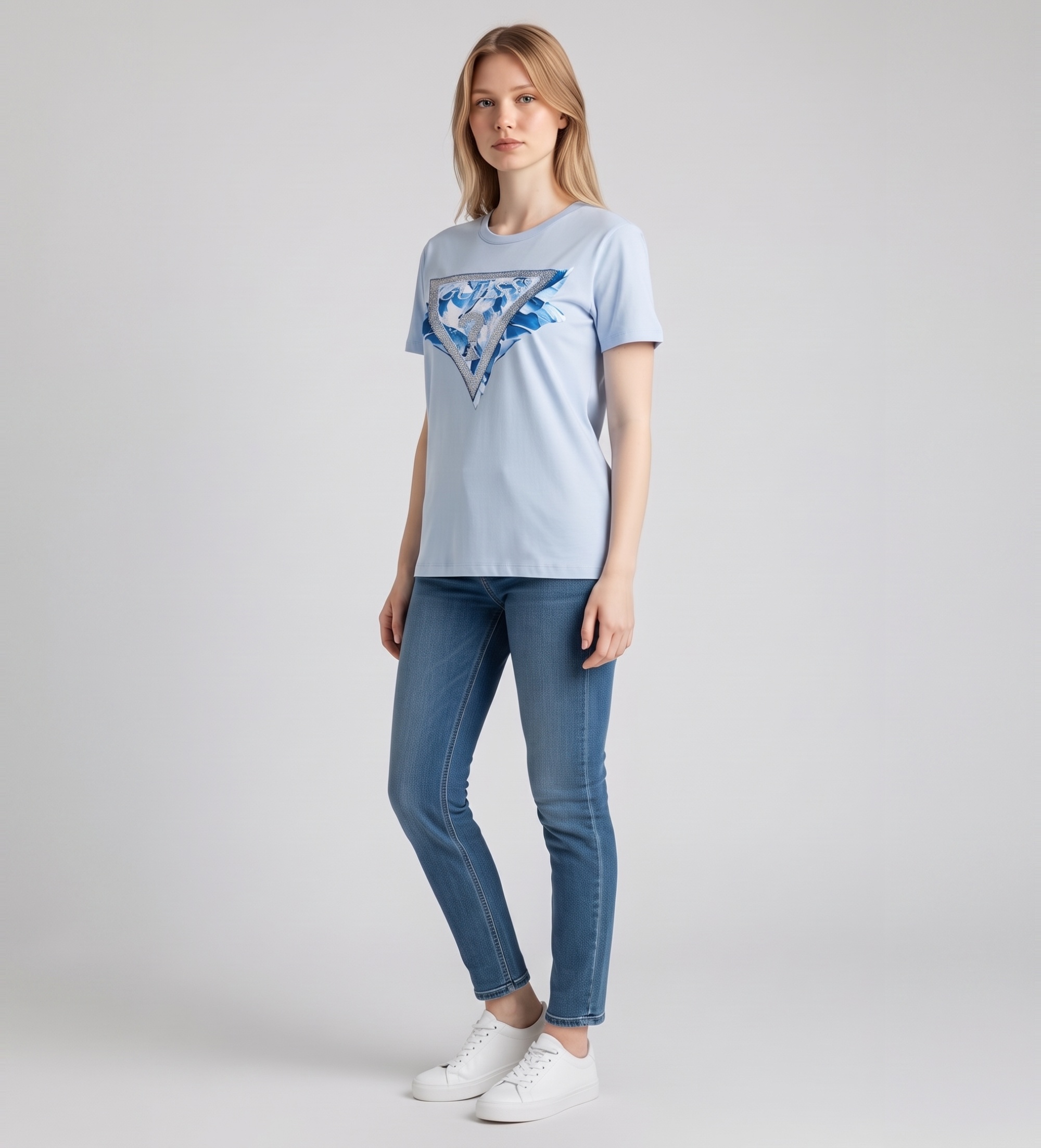 Guess für Damen. W6GI11K3026 Triangel-T-Shirt blau (S), Lässig, Baumwolle, Kurzarm