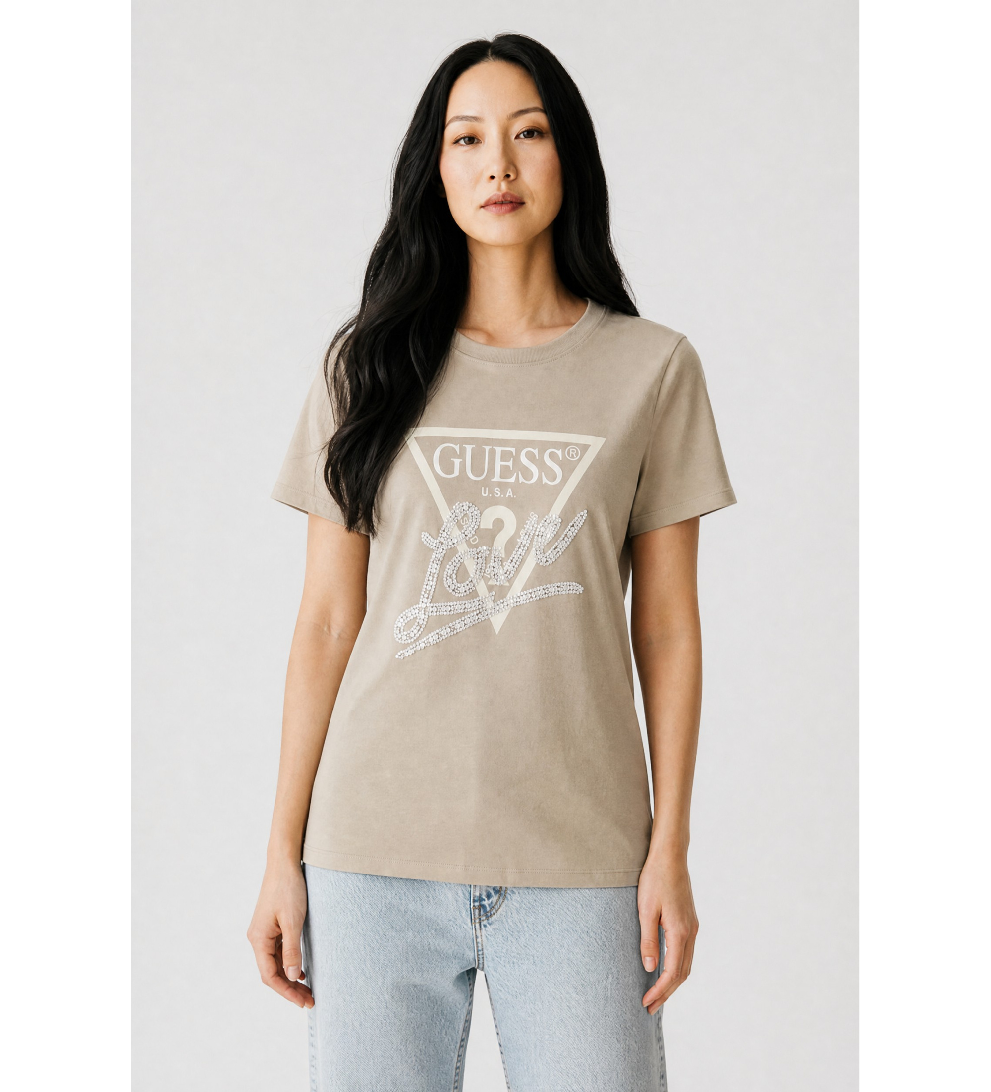 Guess für Damen. W5YI40I3Z14 Dreieck-T-Shirt mit beigen Perlen (XS), Lässig, Grün, Leder, Kurzarm