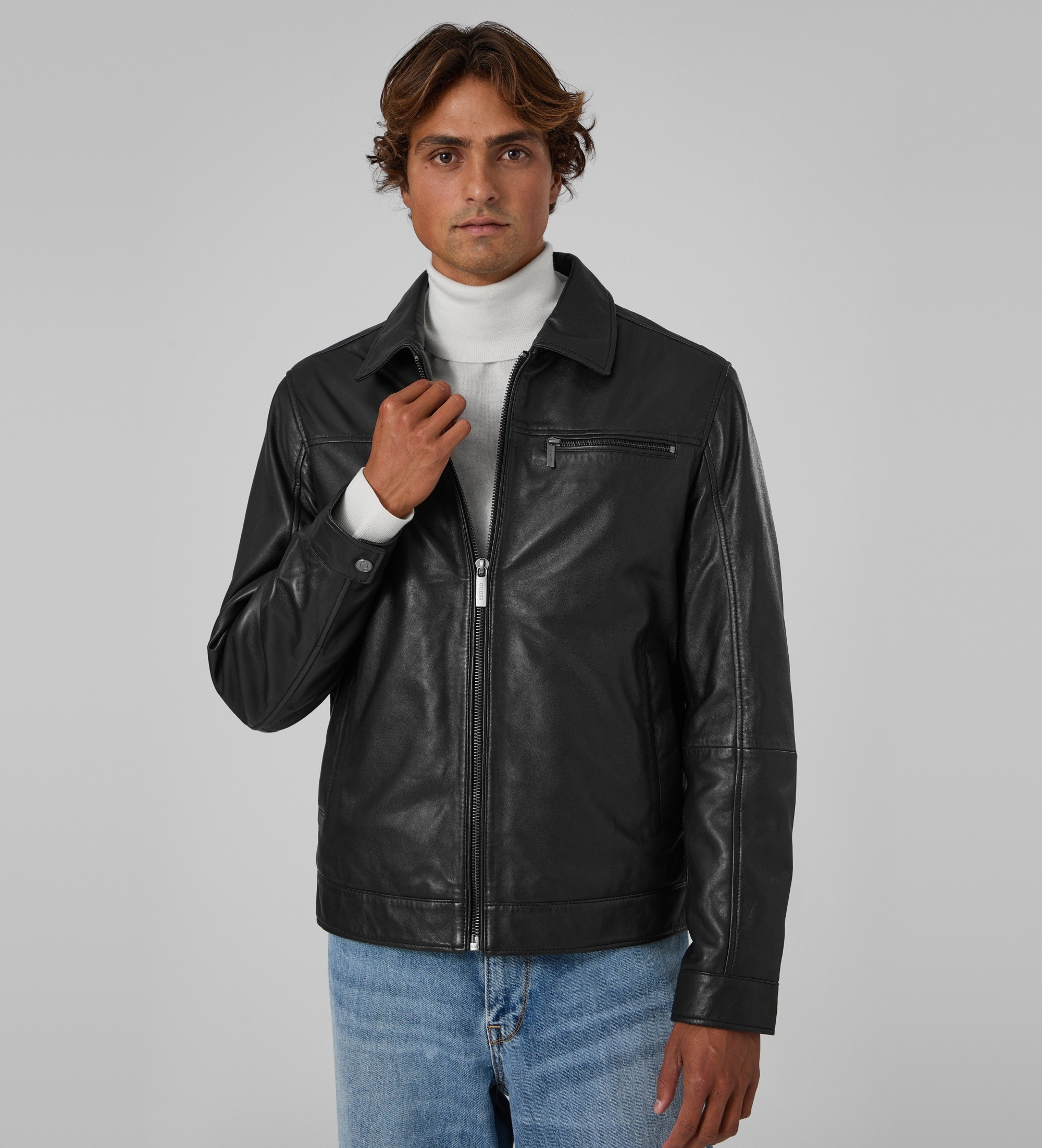 Guessvoor mannen. M6BL57L0159 Zwart leren aviator jack (L), Casual, Leer