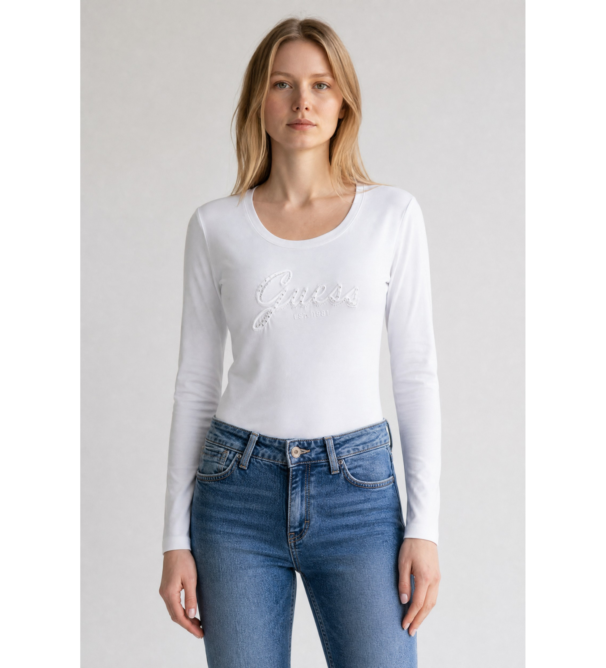 Guess für Damen. W5YI26J1314 Embro Script T-shirt weiß (XS), Lässig, Polyester, Langarm