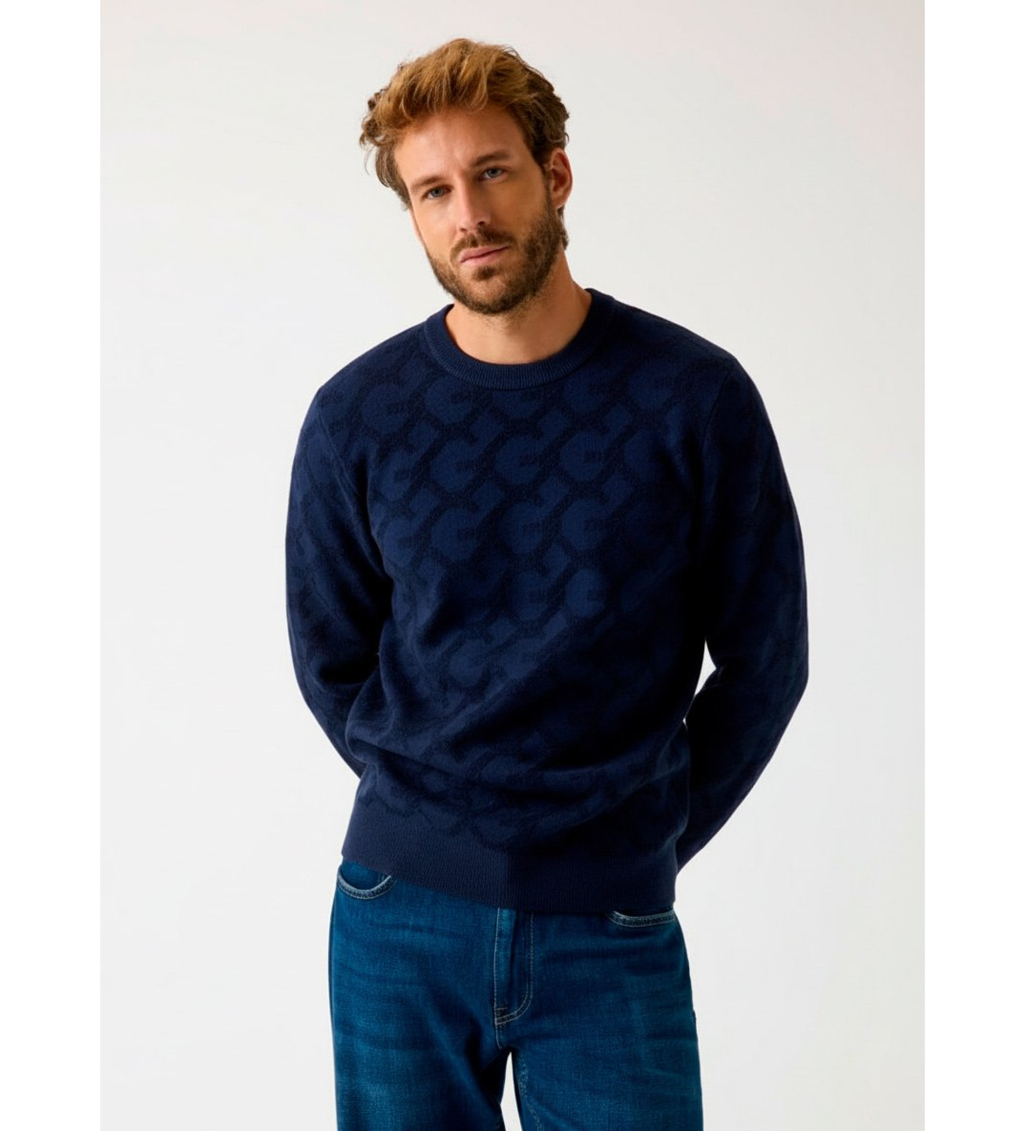 Guess für Herren. M5BR19Z0470 Marineblauer Jacquard-Pullover mit Logo-Prägung (S), Lässig, Wolle