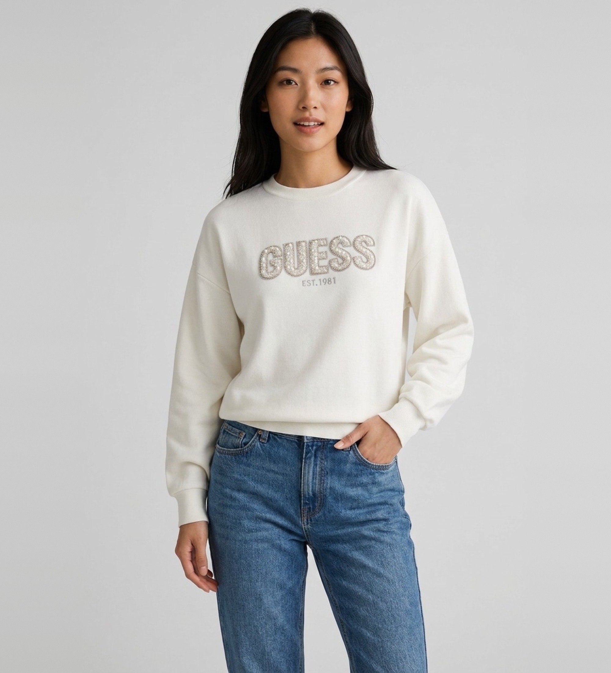 Guess für Damen. W6YR30Z0978 Madeline Logo Sweatshirt Langarm Weiß Creme (M), Lässig, Viskose