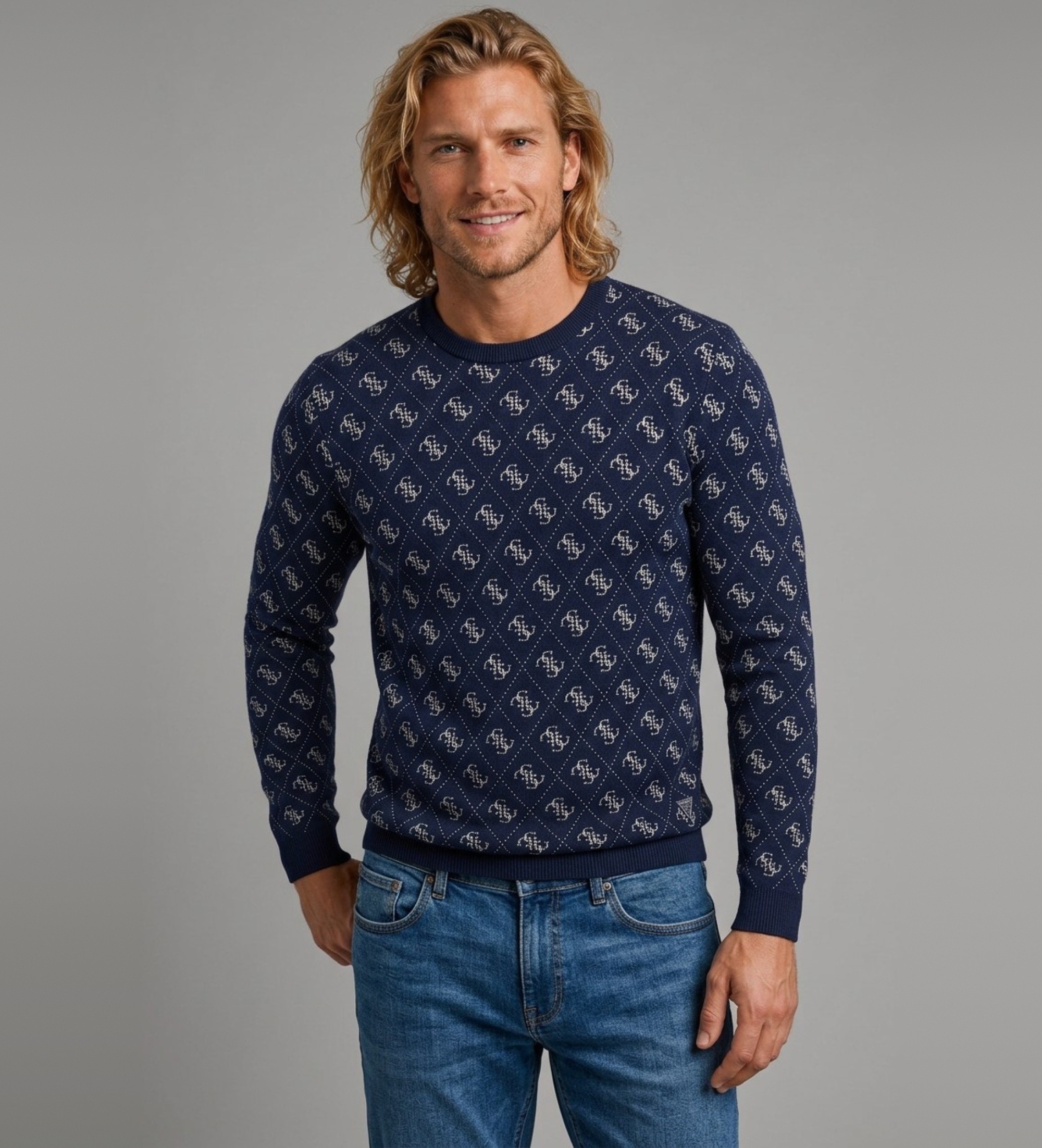 Guess für Herren. M6YR11Z0916 Martin 4G Jacquard-Strickjacke Marine mit Logo (S), Lässig, Polyester