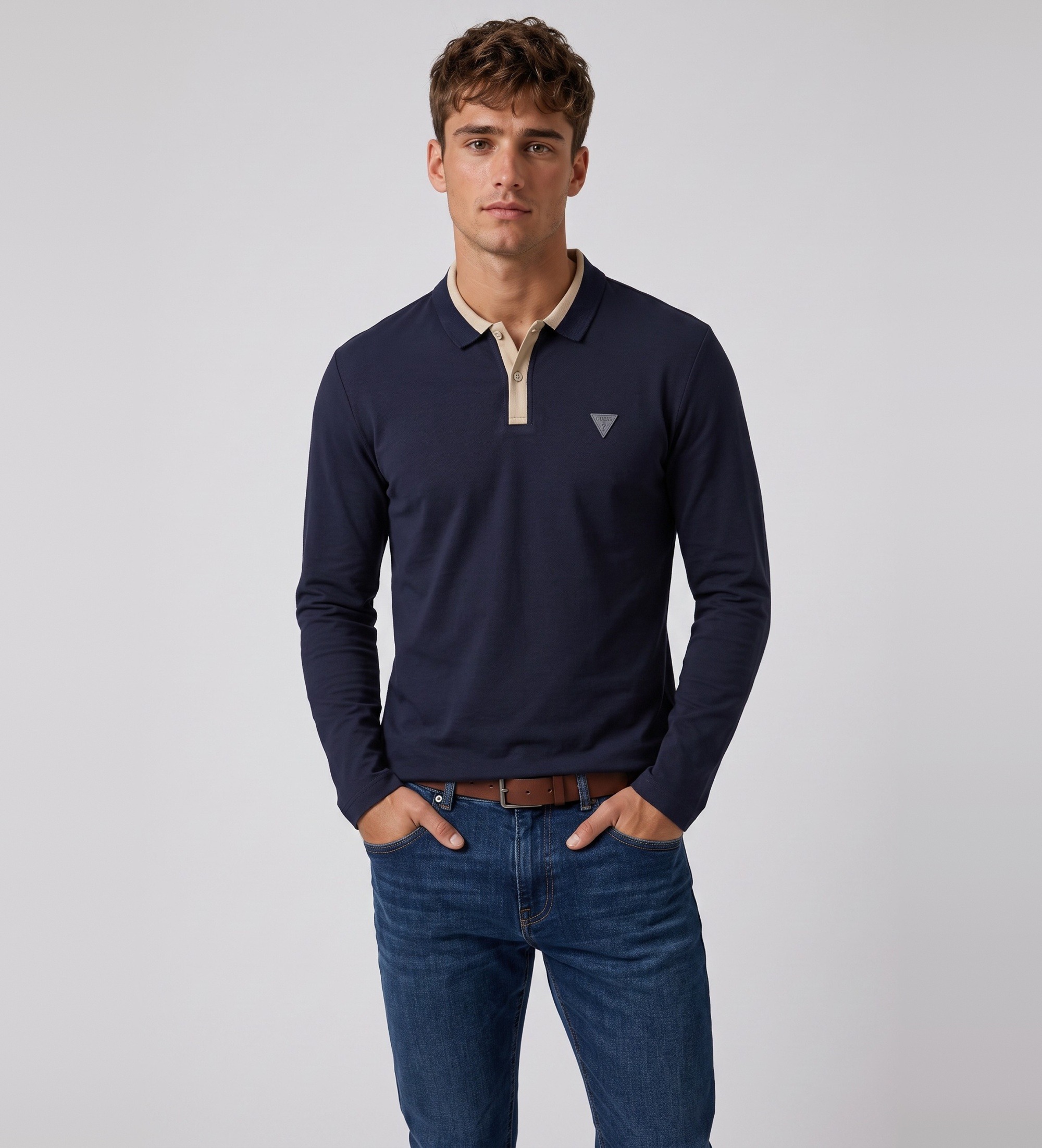 Guess für Herren. M6BP11K6203 Marineblaues texturiertes Langarm-Poloshirt (L), Lässig, Polyester