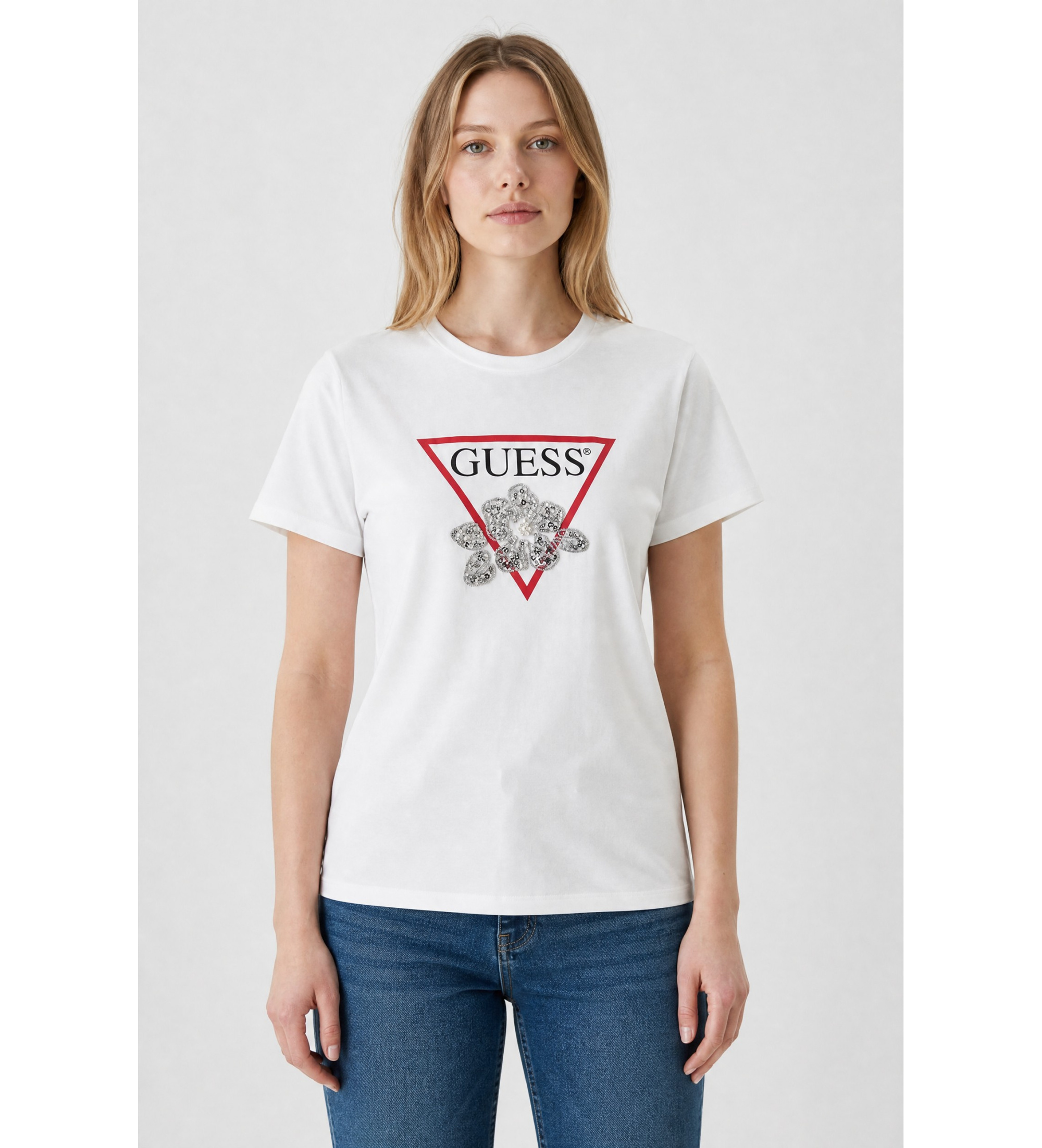Guess für Damen. W5YI38I3Z14 T-Shirt Dreieck mit Perlen weiß (M), Lässig, Baumwolle, Kurzarm