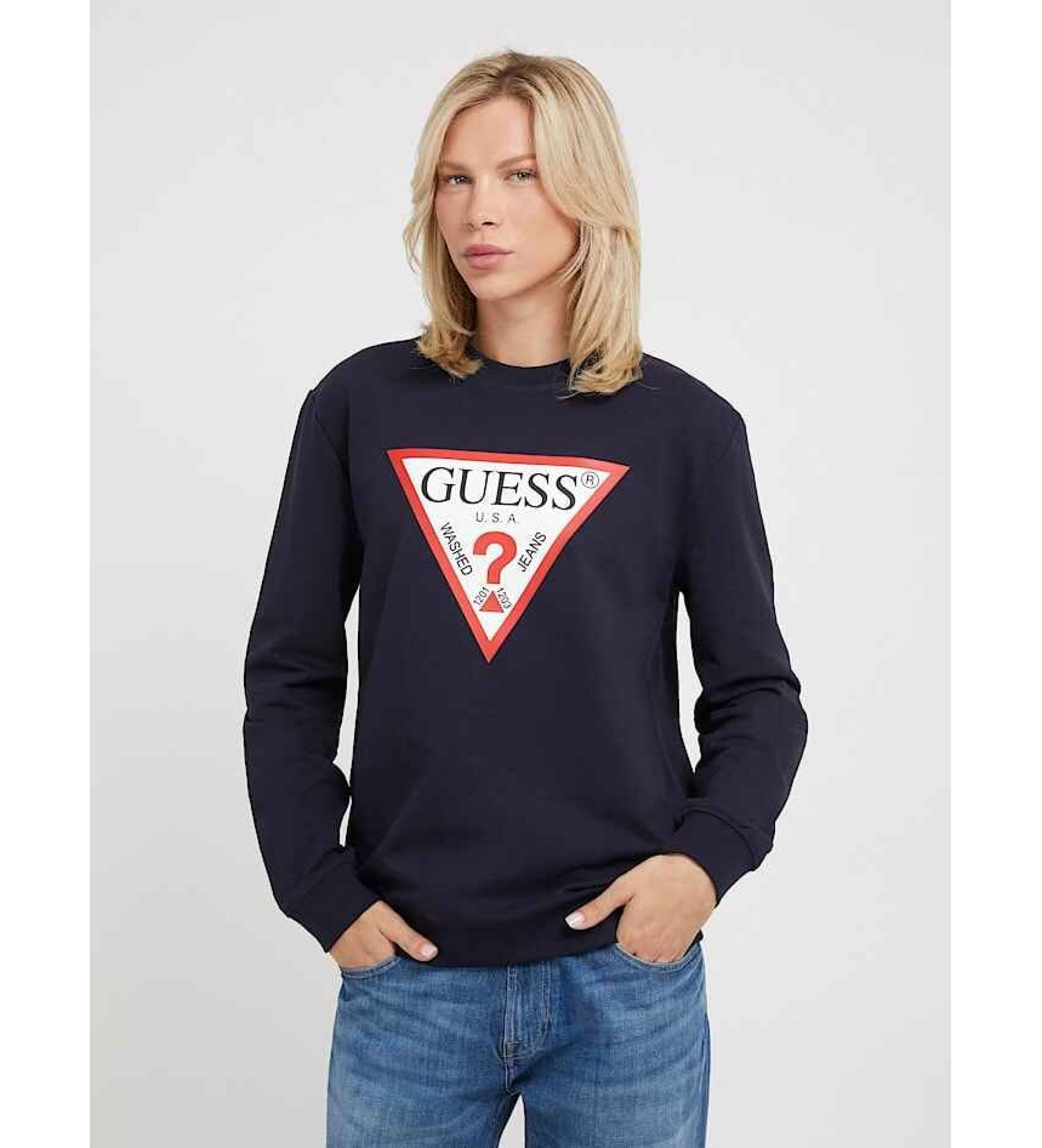 Guess für Herren. M2YQ37K6ZS1 Dreieckiges Sweatshirt mit navyfarbenem Logo (S), Lässig, Baumwolle, Marine