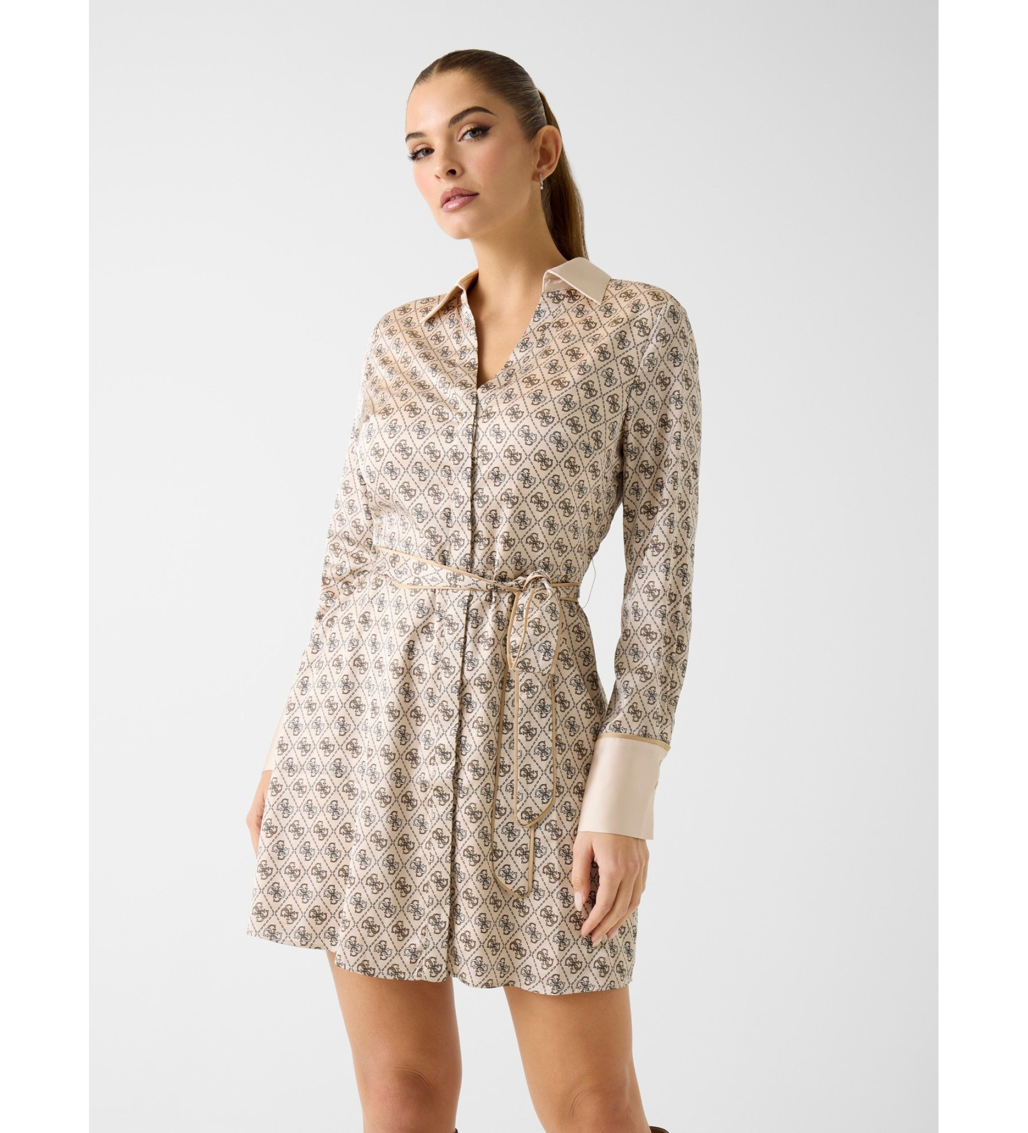 Guess für Damen. W6RK90WF1T2 Blerta Kleid beige (S), Lässig, Polyester, Langarm