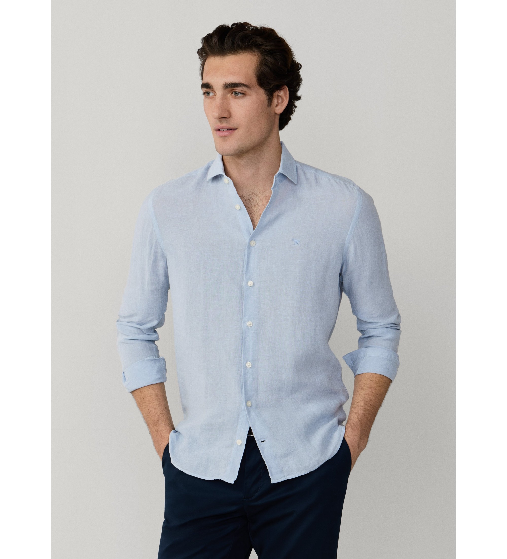 Hackett London für Herren. HM3010636 ESS GMD blaues Leinenhemd (M), Lässig, Langarm